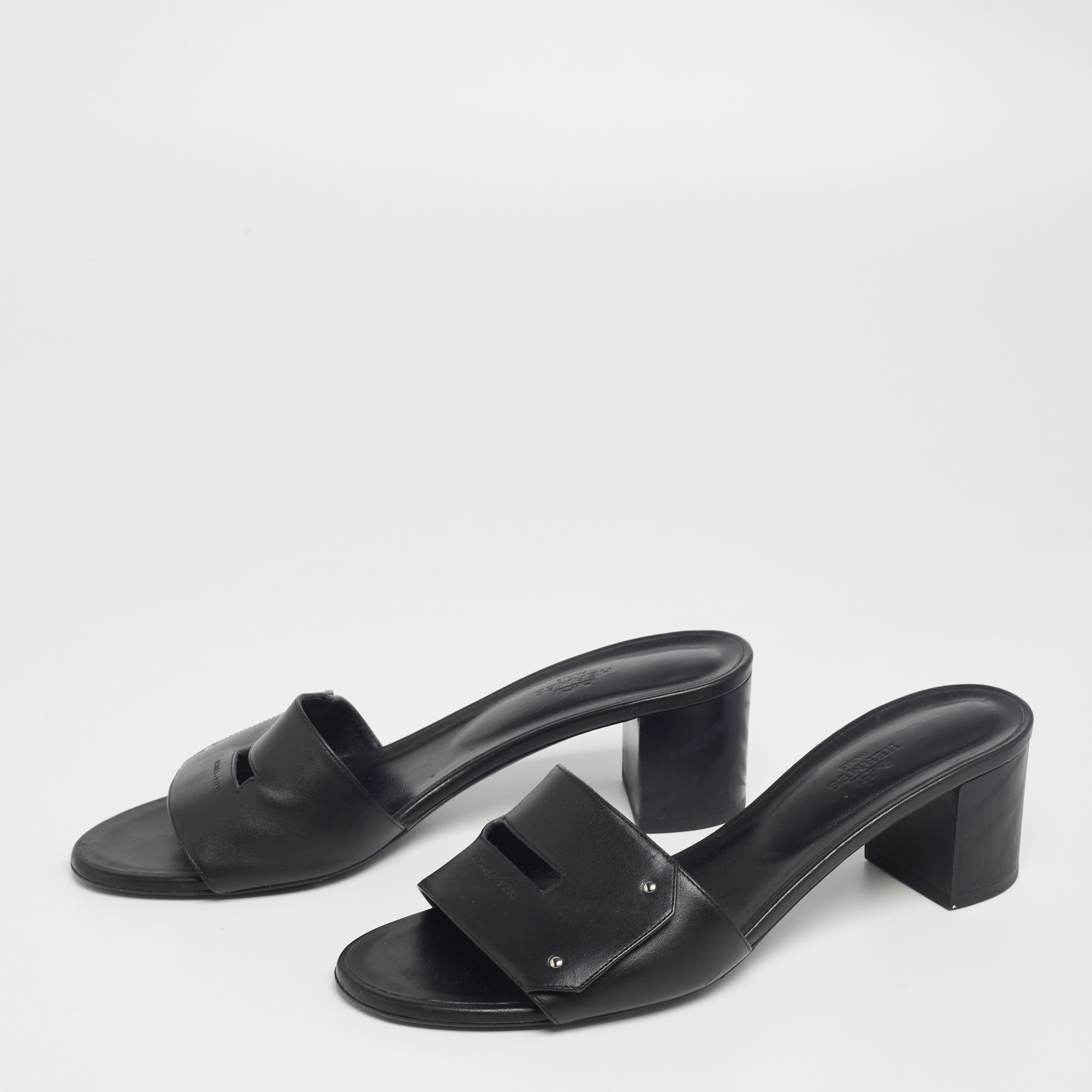 

Hermes Black Leather View Slide Sandals Size