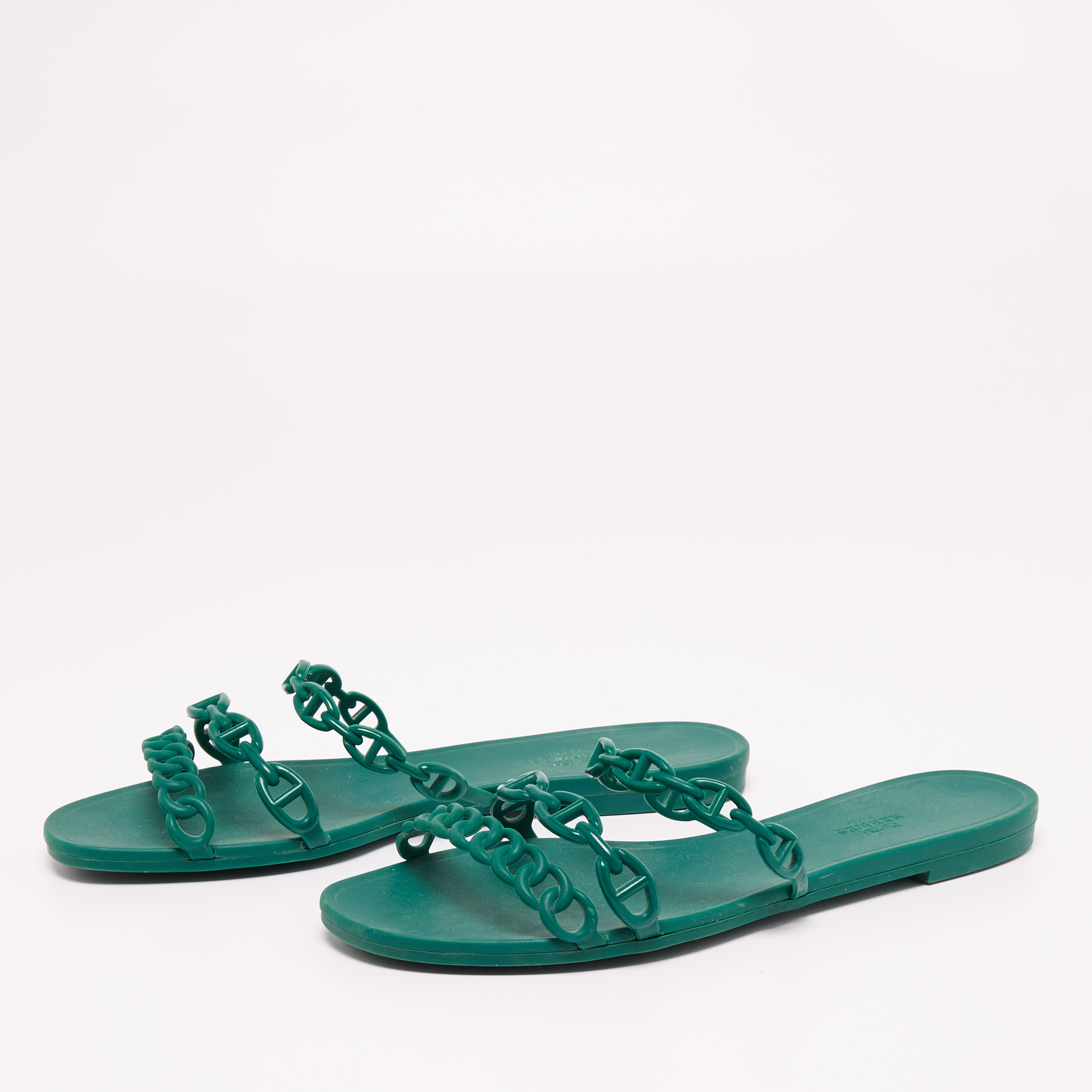 

Hermes Teal Rubber D'ancre Chaine Rivage Flat Slides Size, Green