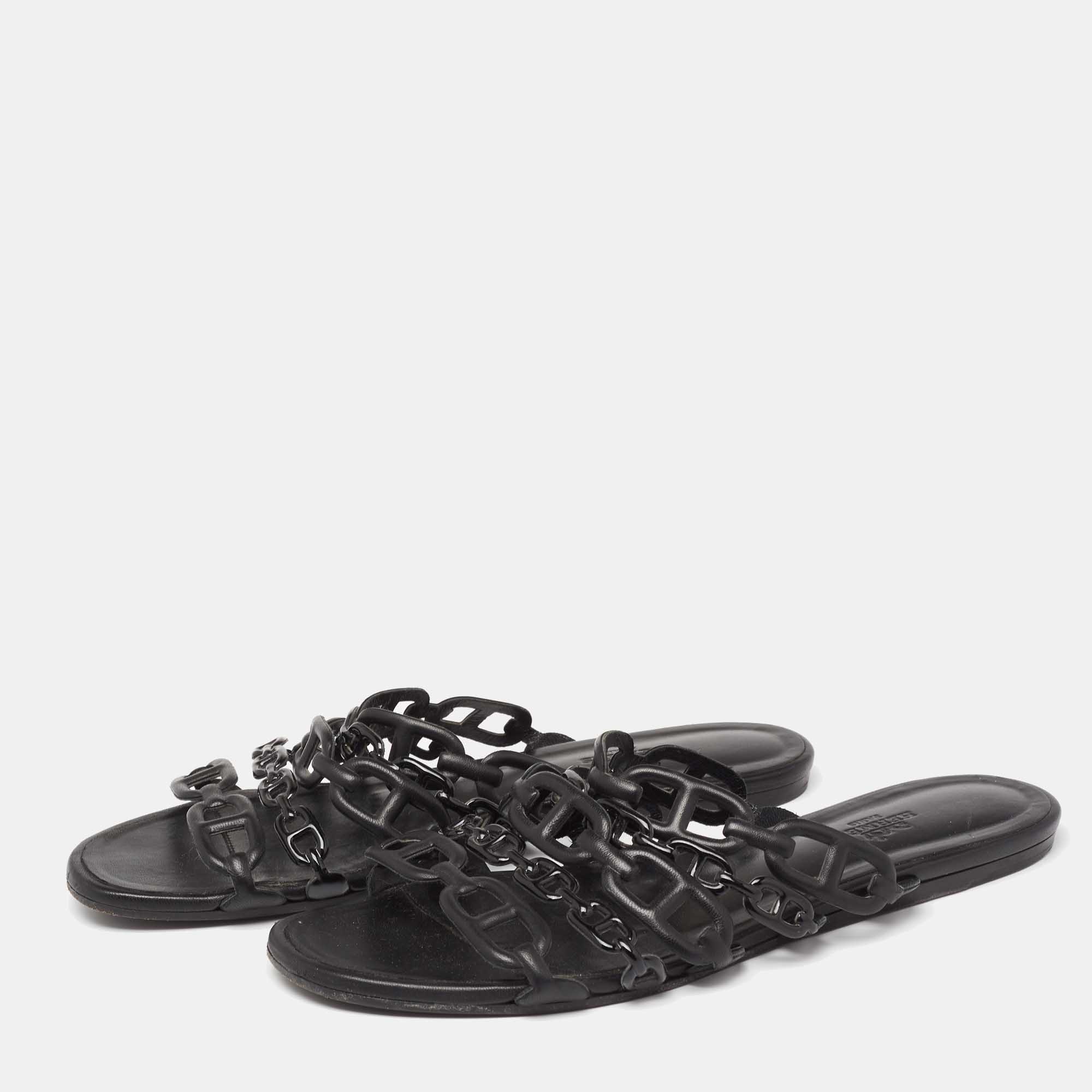 

Hermes Black Leather D'ancre Chaine Flat Slides Size