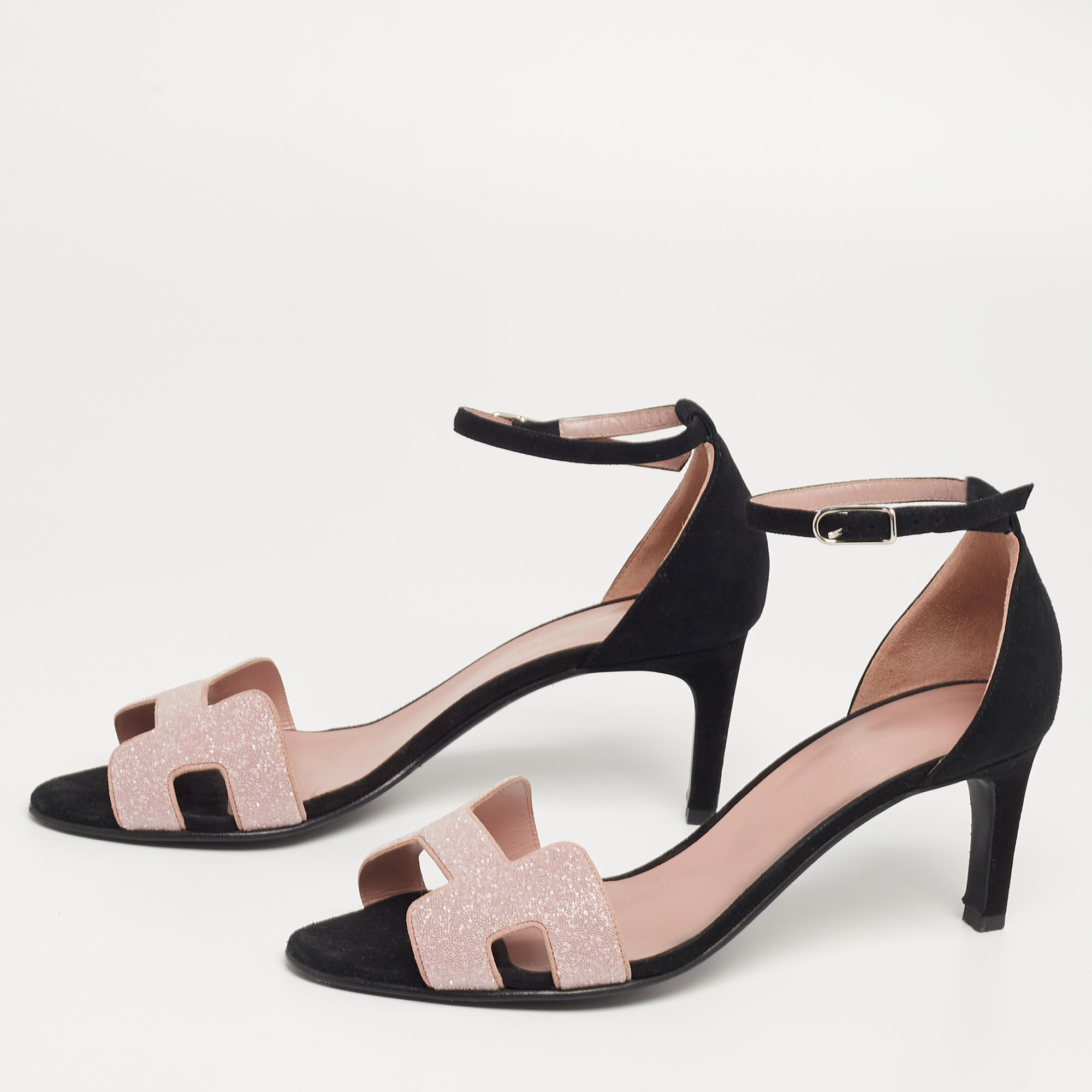 

Hermes Pink/Black Crystals and Suede Premiere Ankle-Strap Sandals Size