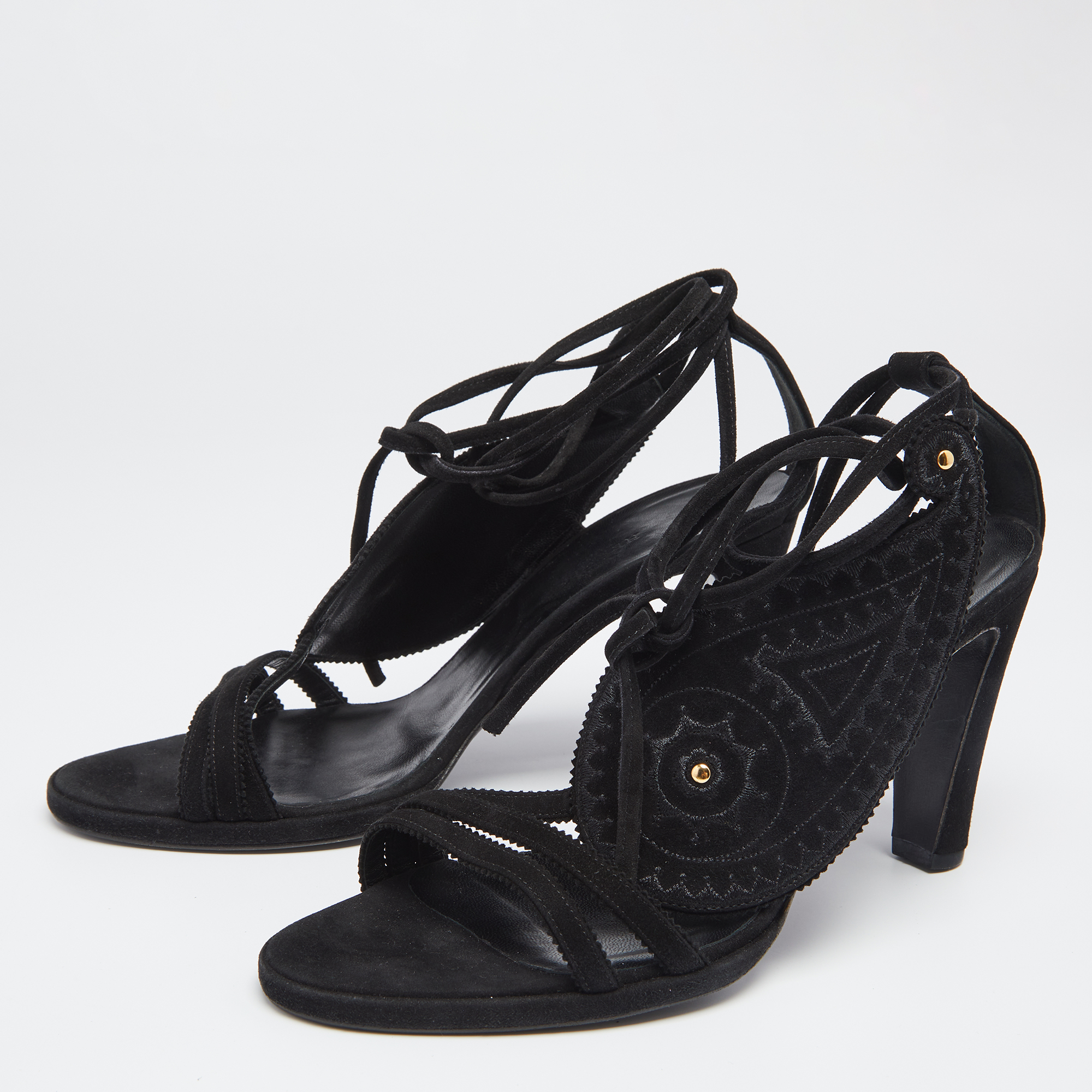 

Hermes Black Suede Embroidered Tie-Up Sandals Size