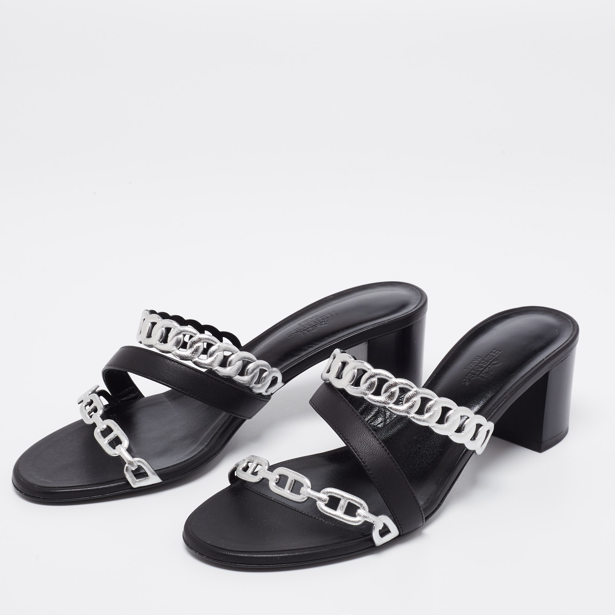 

Hermes Black/Silver Leather Ajaccio Block Heel Slide Sandals Size