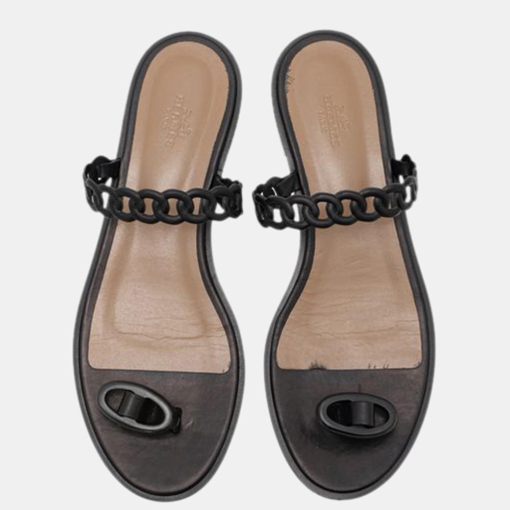 

Hermes Black Chaine D'Ancre Flat Sandals Size EU