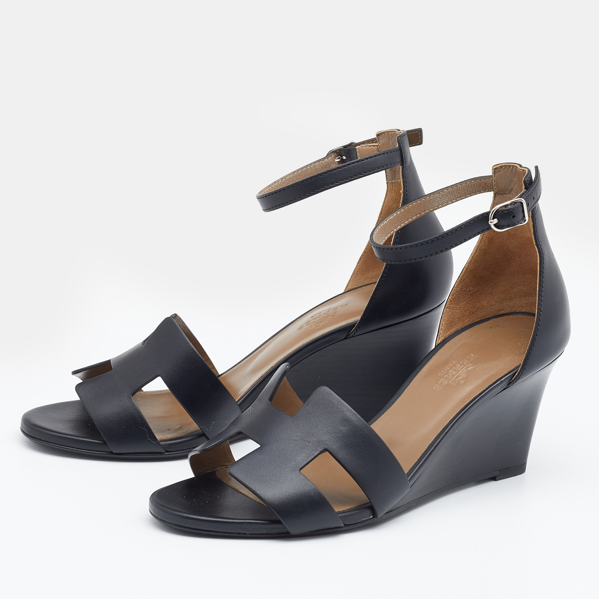 

Hermes Black Leather Legend Ankle Strap Wedge Sandals Size