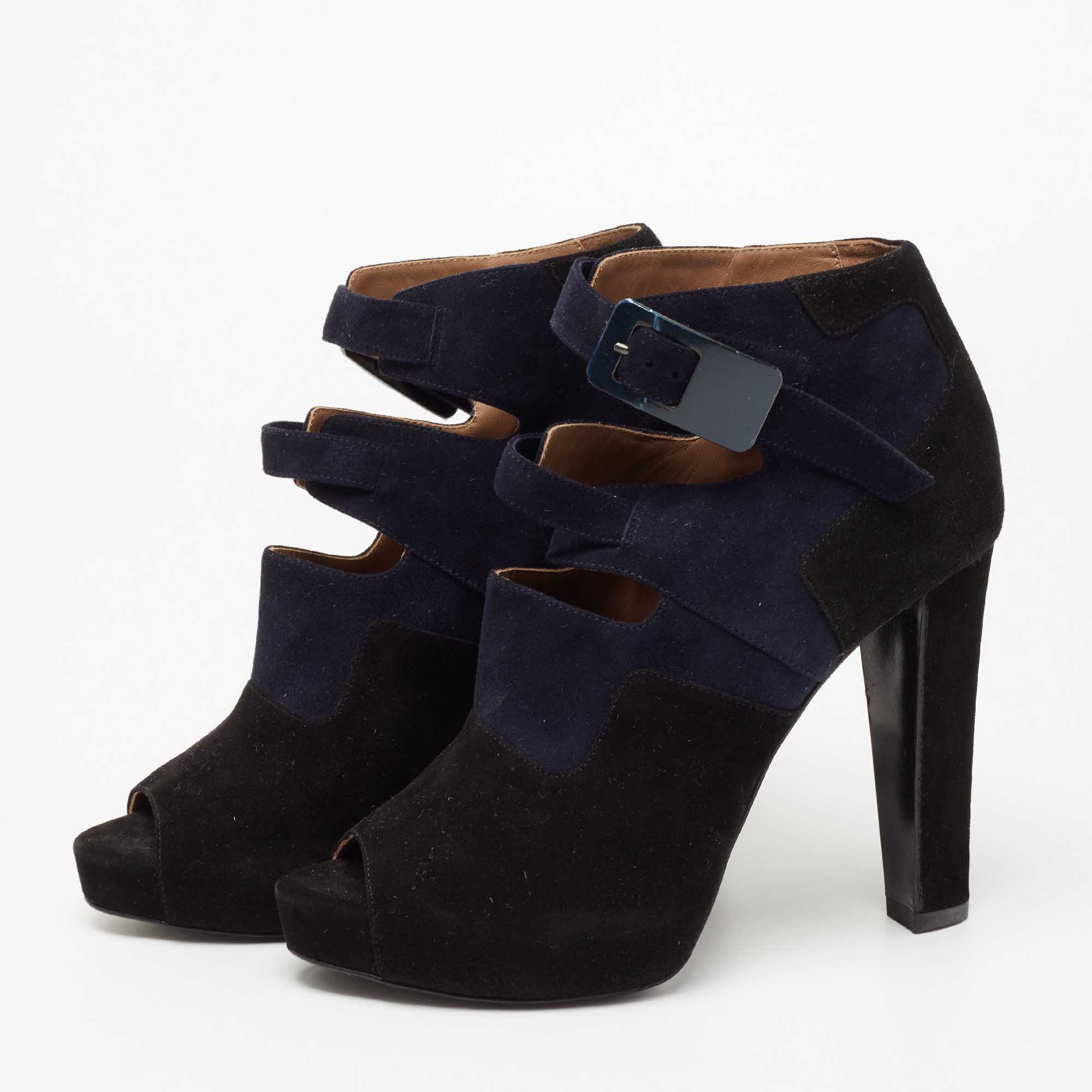 

Hermes Black/Blue Suede Double Ankle Strap Open Toe Booties Size