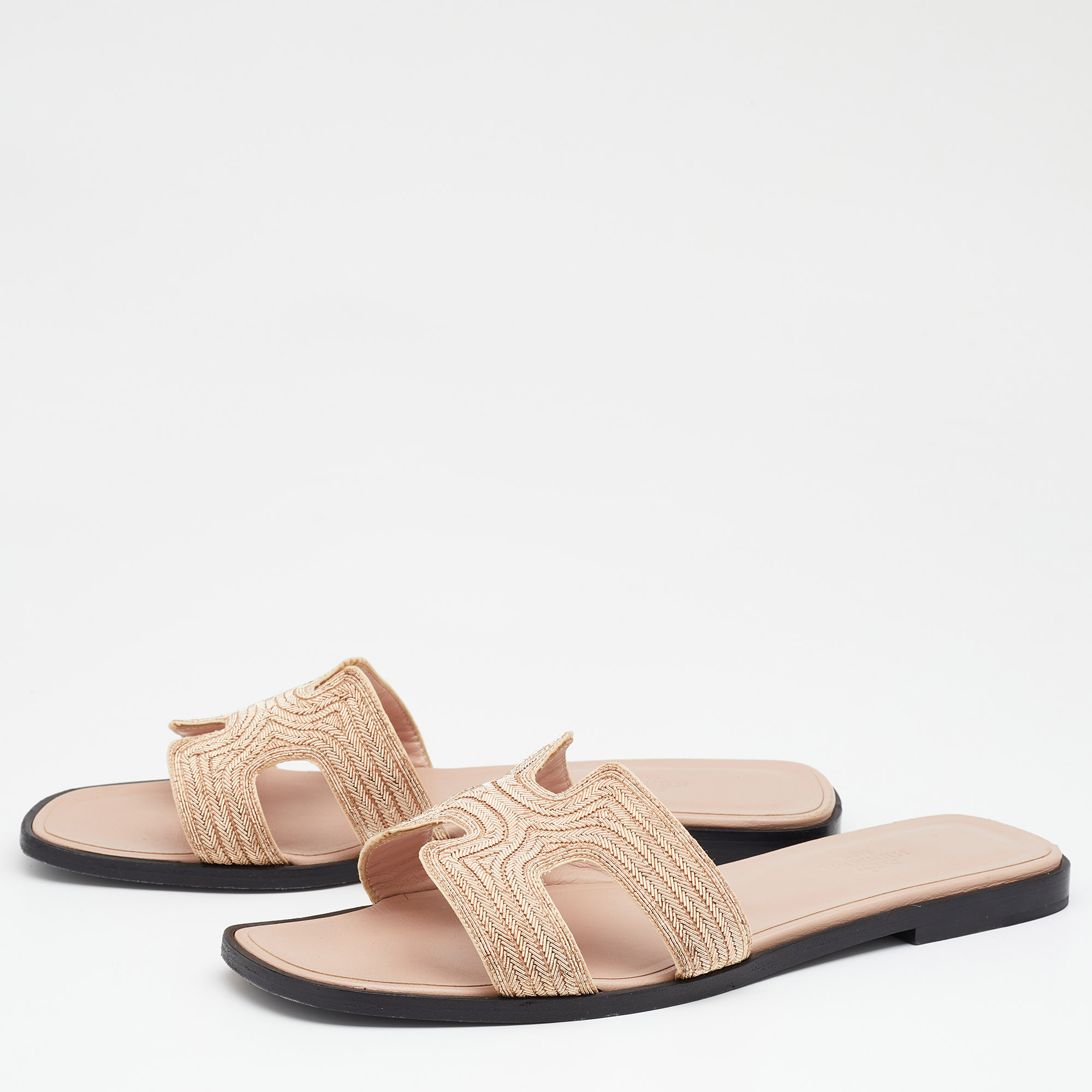 

Hermes Blush Pink Twill Oran Herringbone Dabka Slide Flats Size