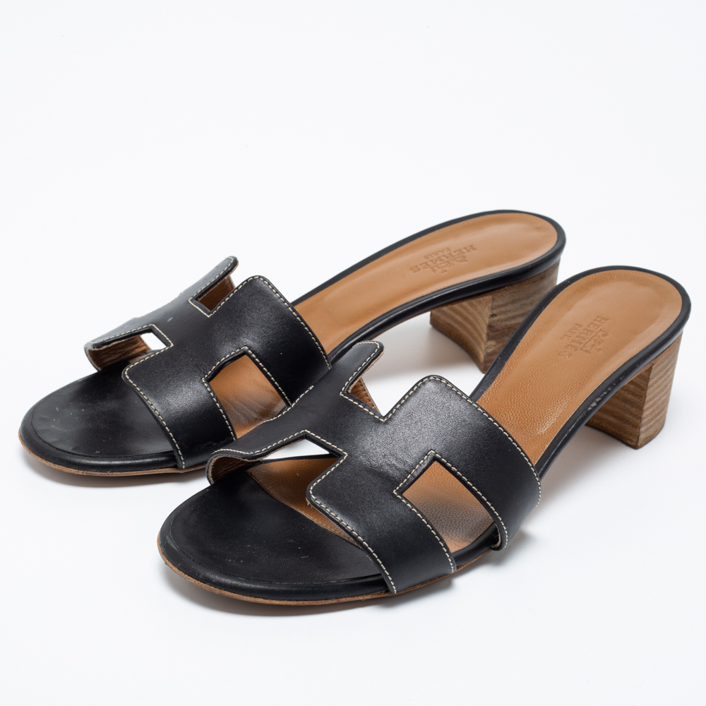 

Hermes Black Leather Oasis Block Heel Slide Sandals Size