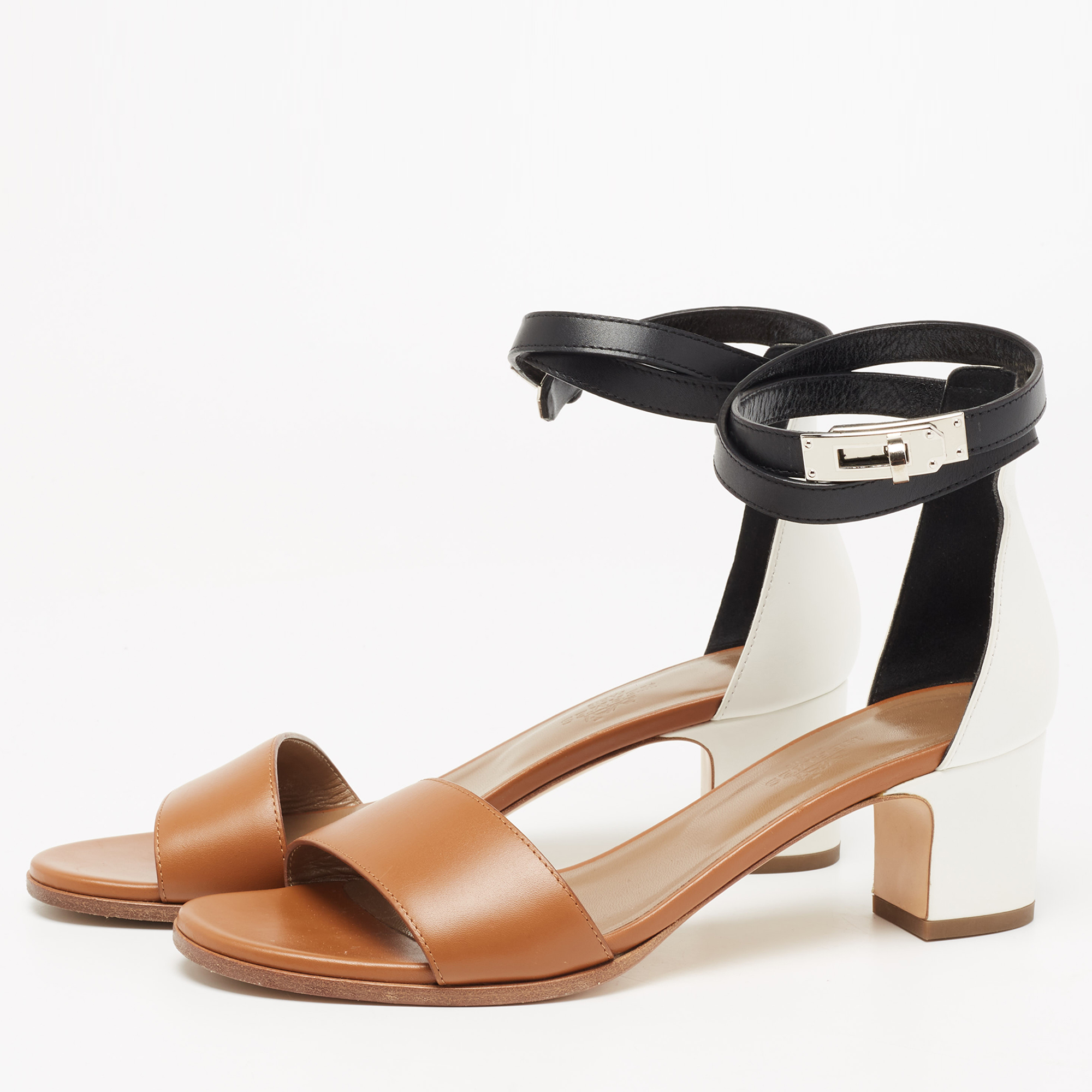 

Hermes Brown/White Leather Open Toe Ankle Strap Sandals Size