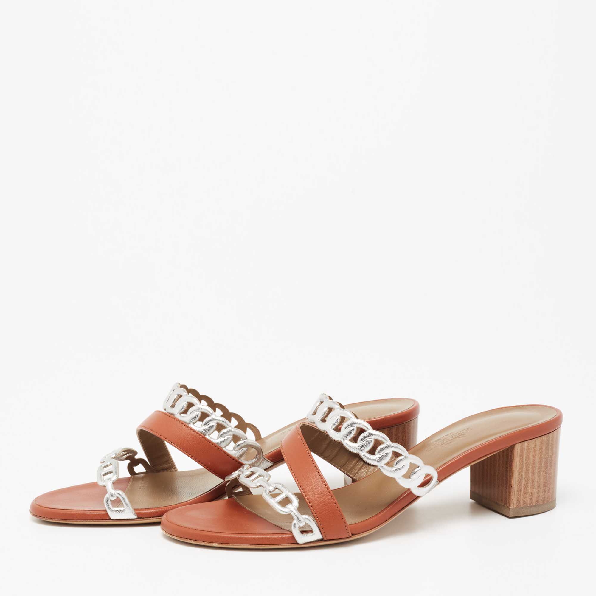 

Hermes Brown/Silver Leather Chaine D'ancre Sandals Size