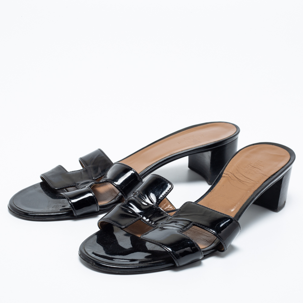 

Hermes Black Patent Leather Oasis Slide Sandals Size