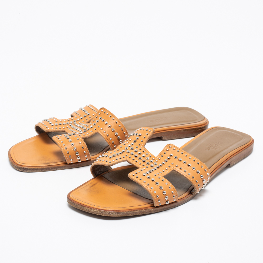 

Hermes Brown Leather Studded Oran Sandals Size