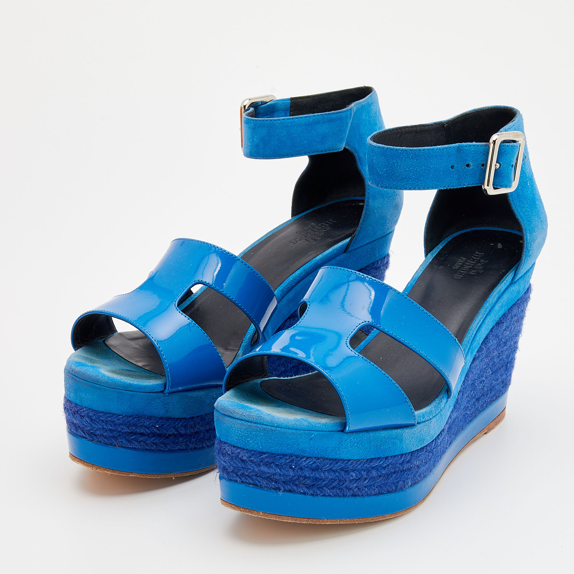 

Hermes Blue Patent Leather and Suede Ilana Espadrille Wedge Sandals Size