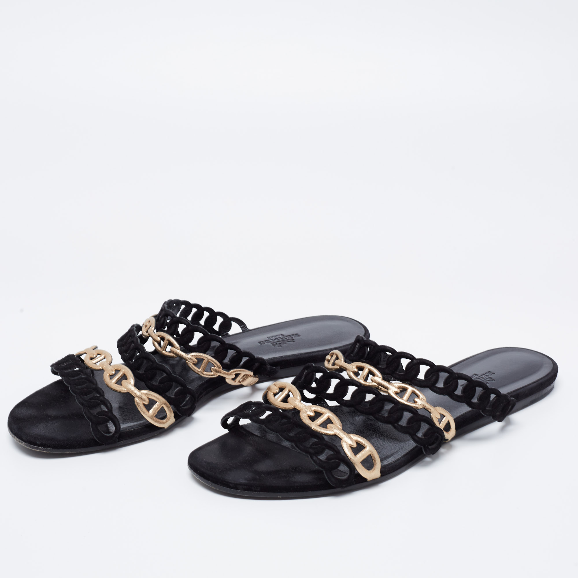 

Hermès Black/Gold Suede and Leather D'ancre Chaine Flat Slides Size
