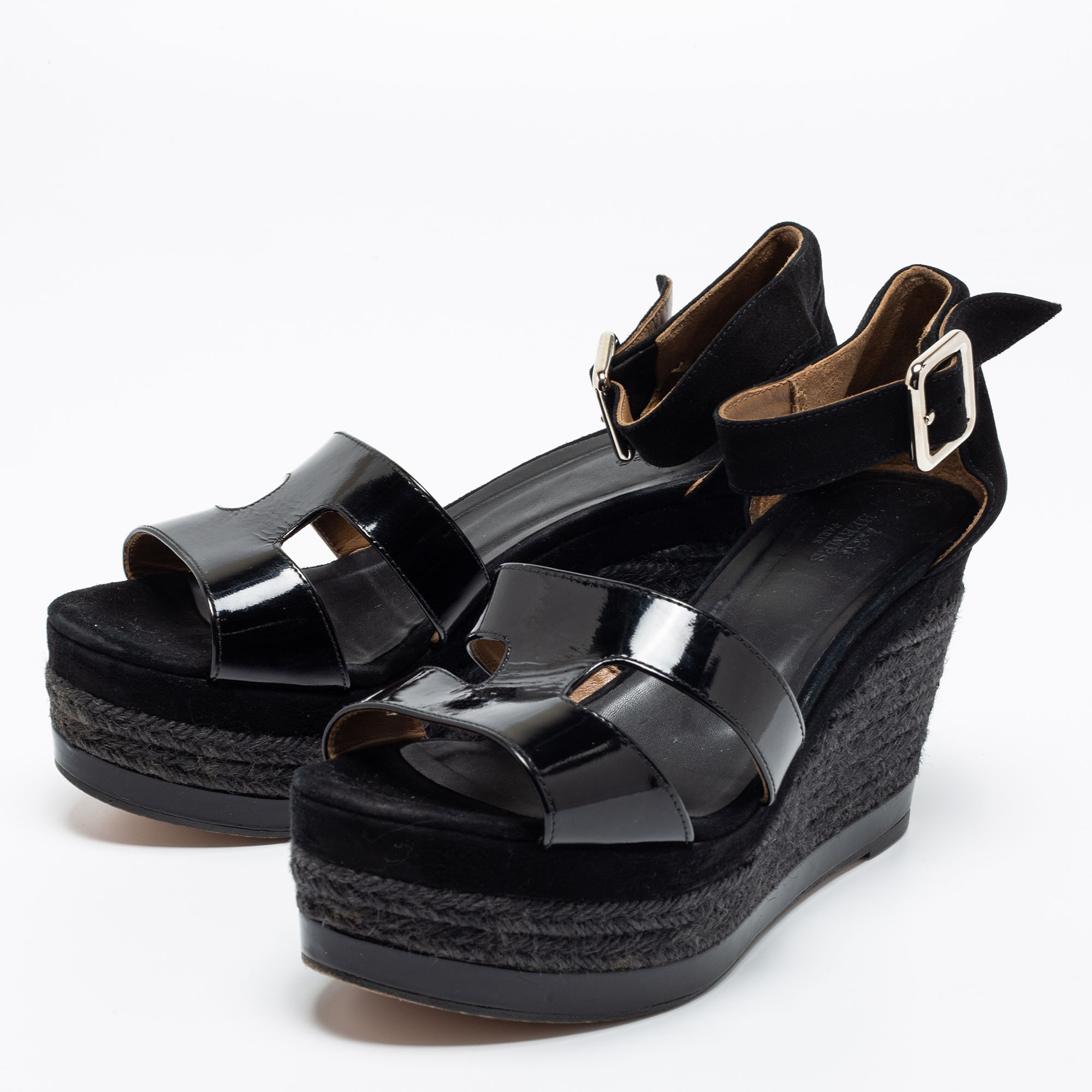 

Hermes Black Suede and Patent Leather Ilana Espadrille Wedge Platform Sandals Size