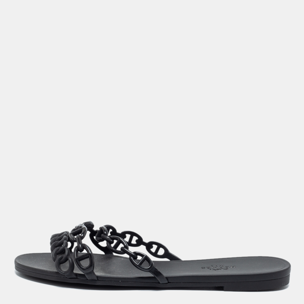 مملوكة مسبقًا Hermes Black Rubber D'ancre Chaine Rivage Flat Slides Size 37