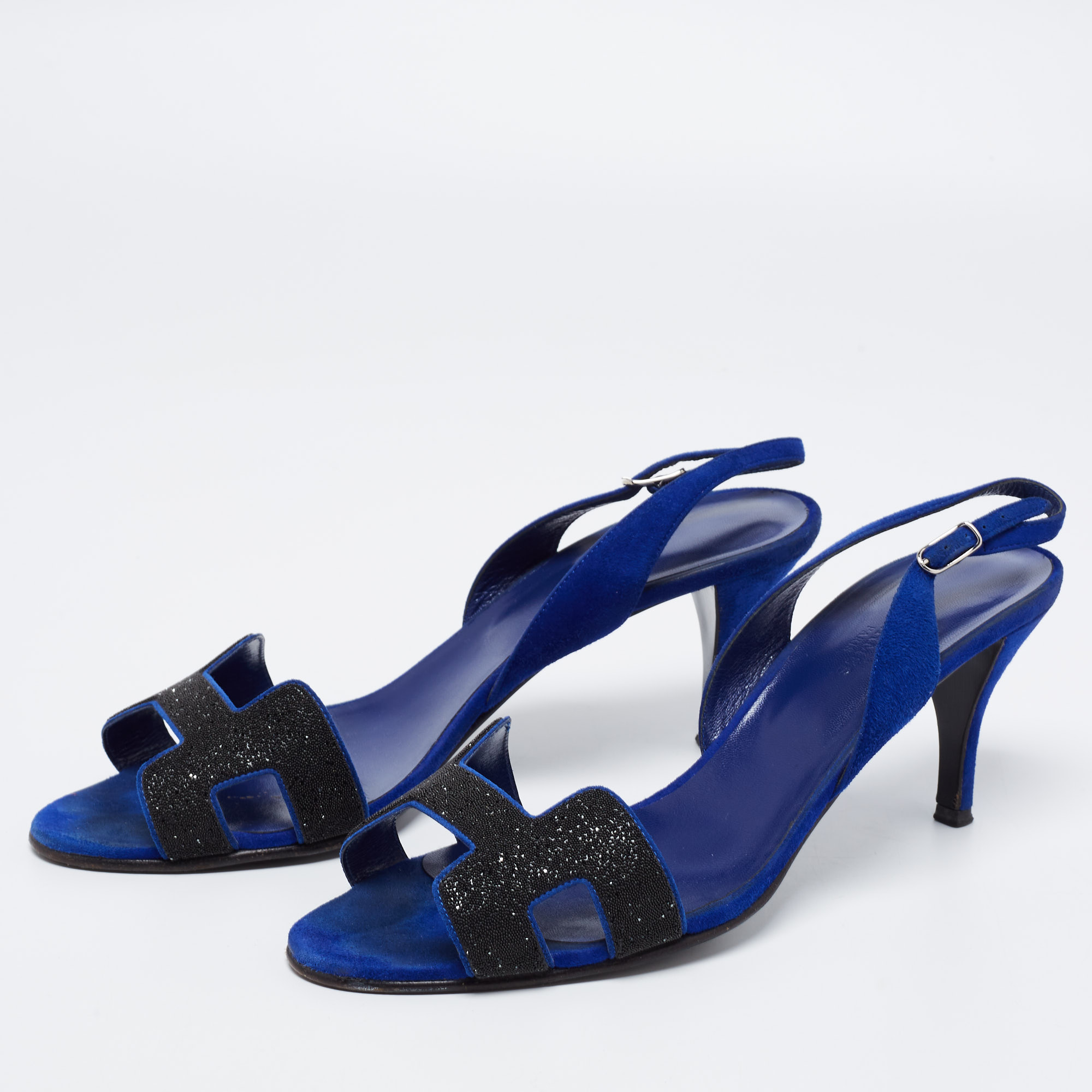 

Hermès Blue/Black Suede And Crystal Premiere Slingback Sandals Size