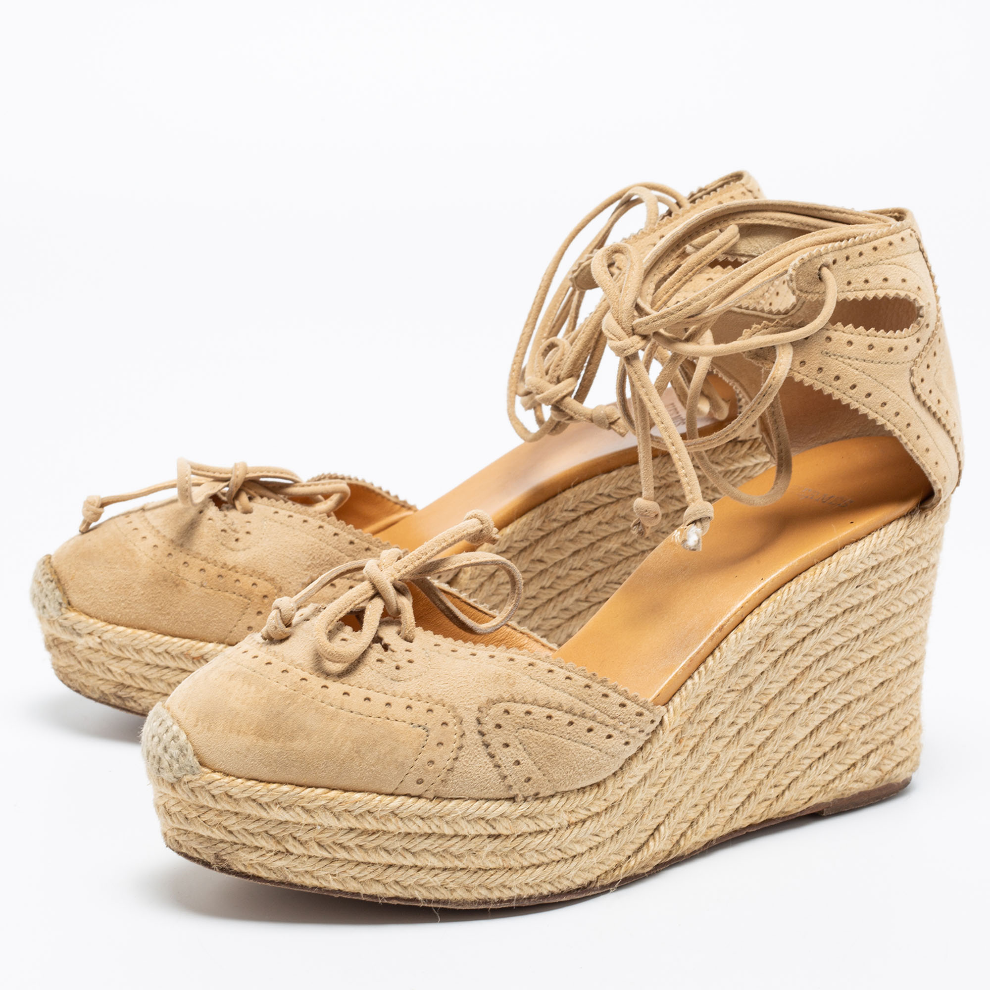 

Hermes Beige Suede Espadrille Wedge Ankle Wrap Sandals Size