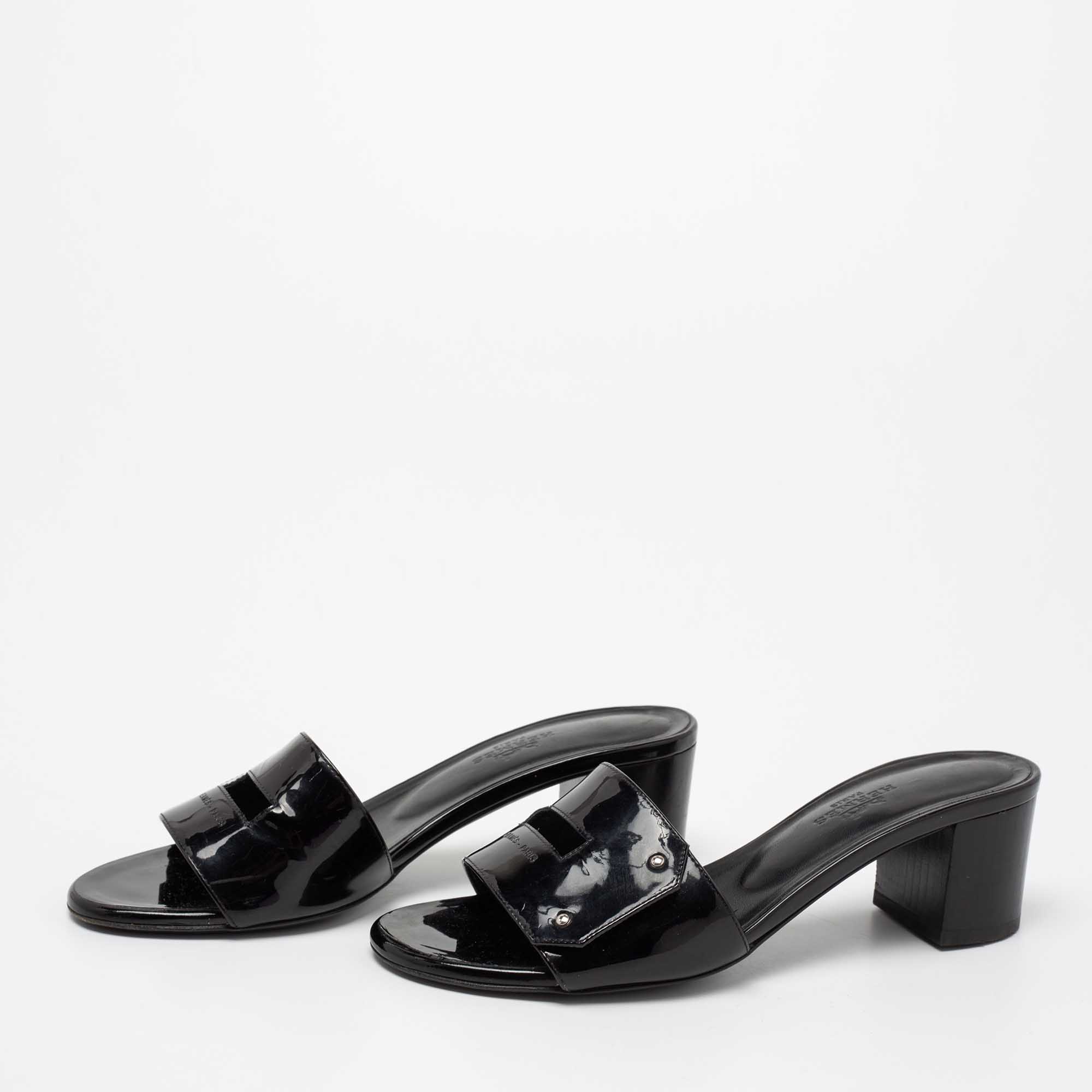 

Hermes Black Patent Leather View Slide Sandals Size