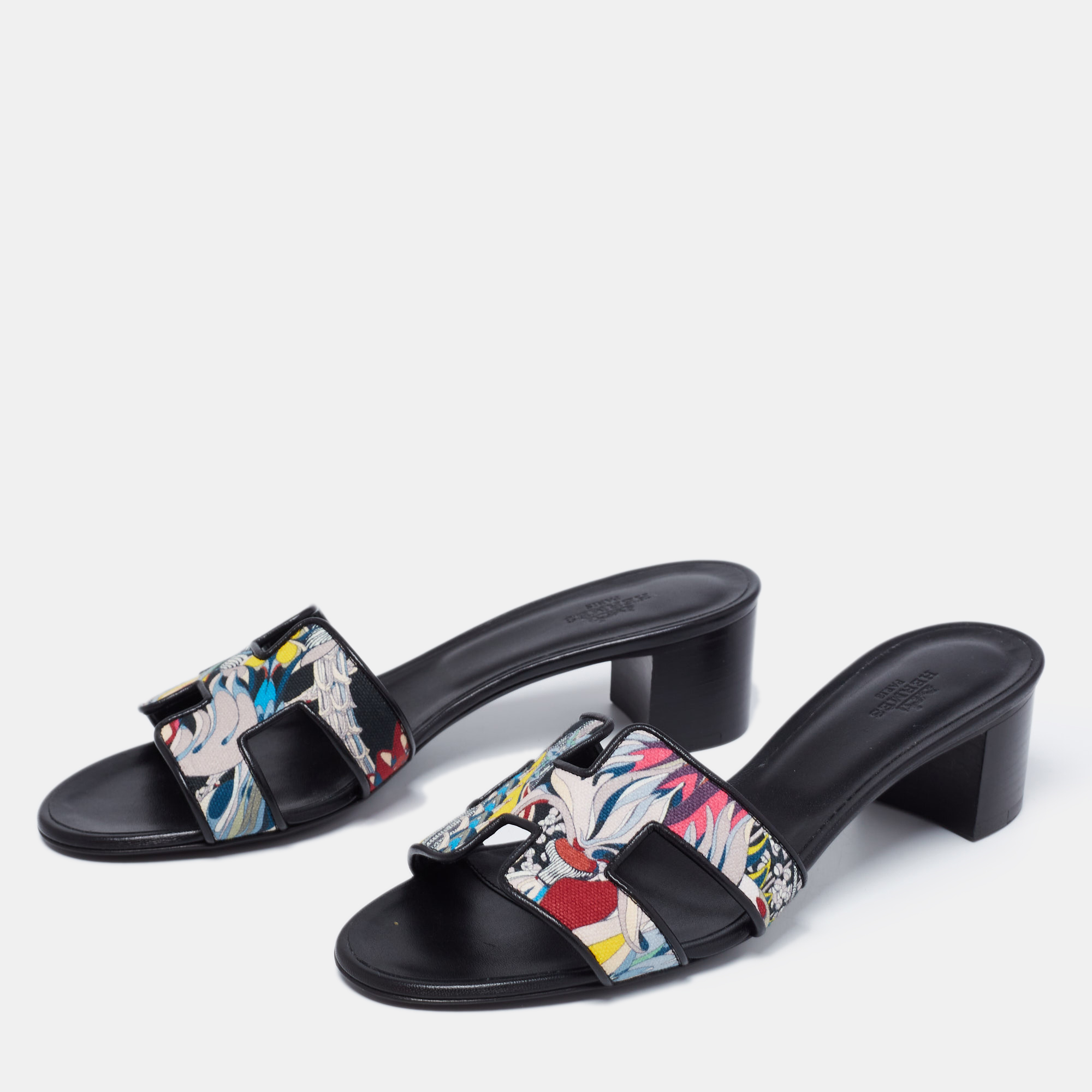 

Hermes Black Printed Canvas and Leather Oasis Slide Sandals Size