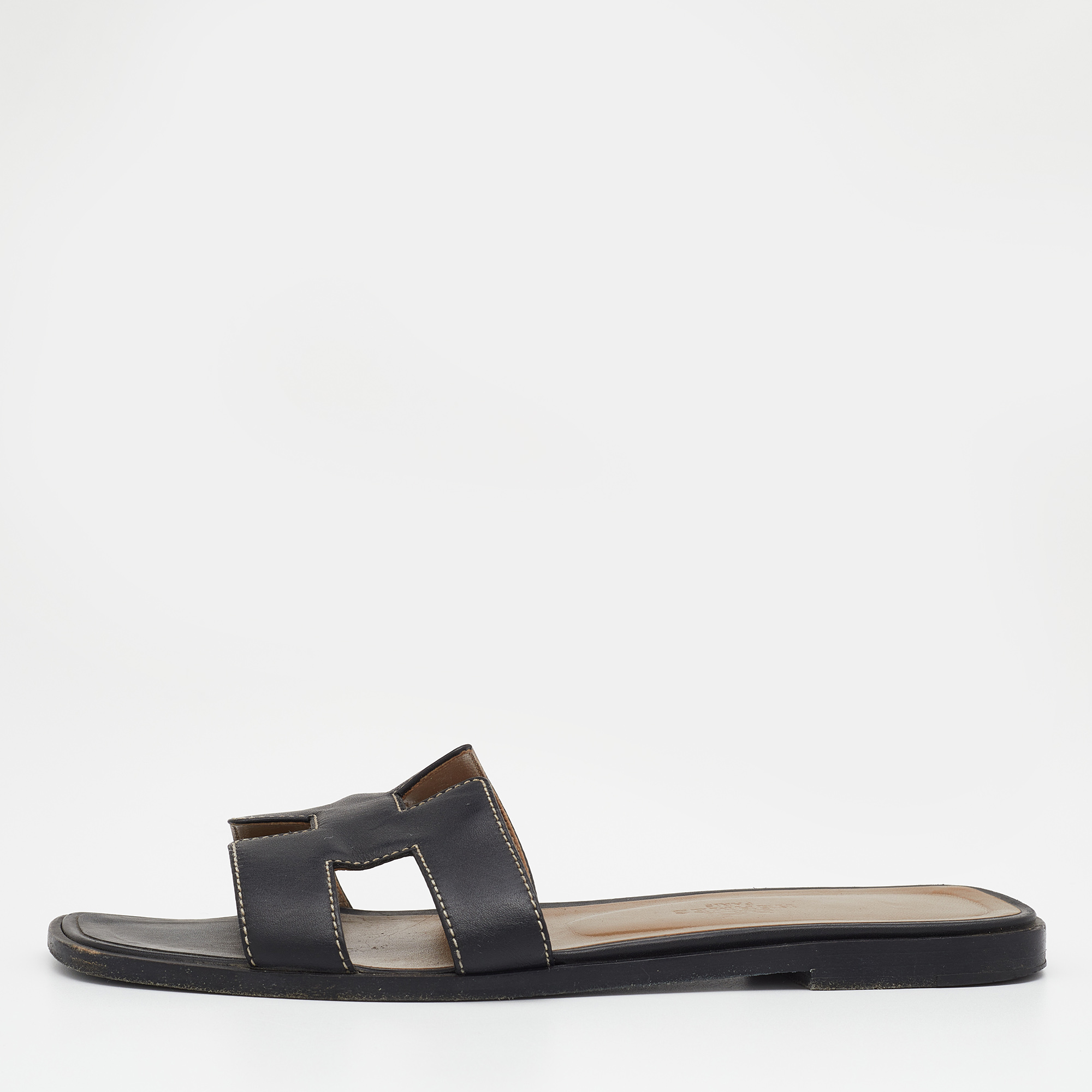 Hermes Black Leather Oran Flat Slide Sandals Size 36