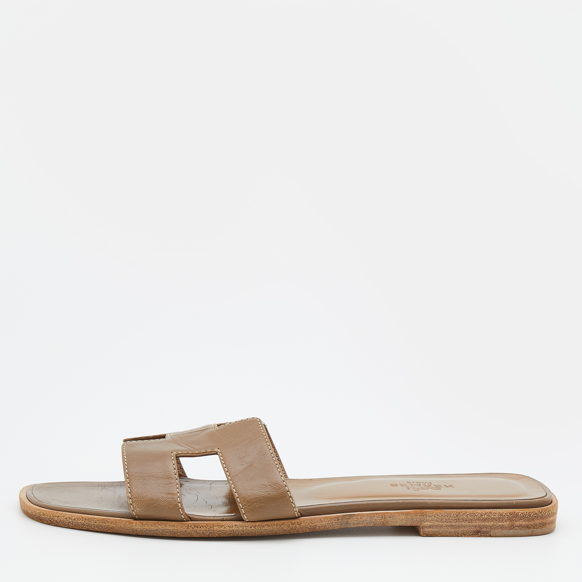 Brown Leather Oran Flat Slide Sandals Size 37