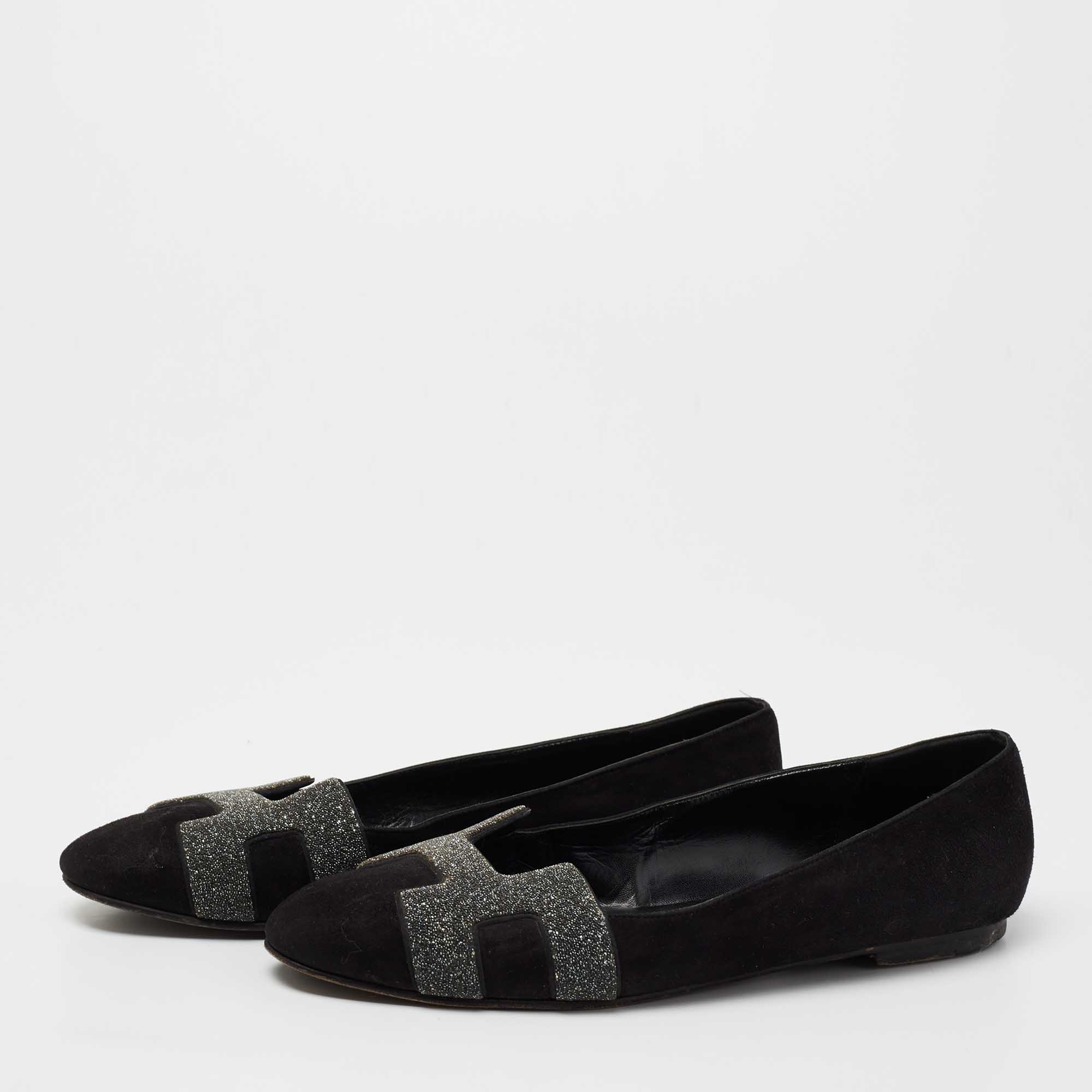 

Hermes Black/Grey Suede and Crystal Powder Nice Ballet Flats Size