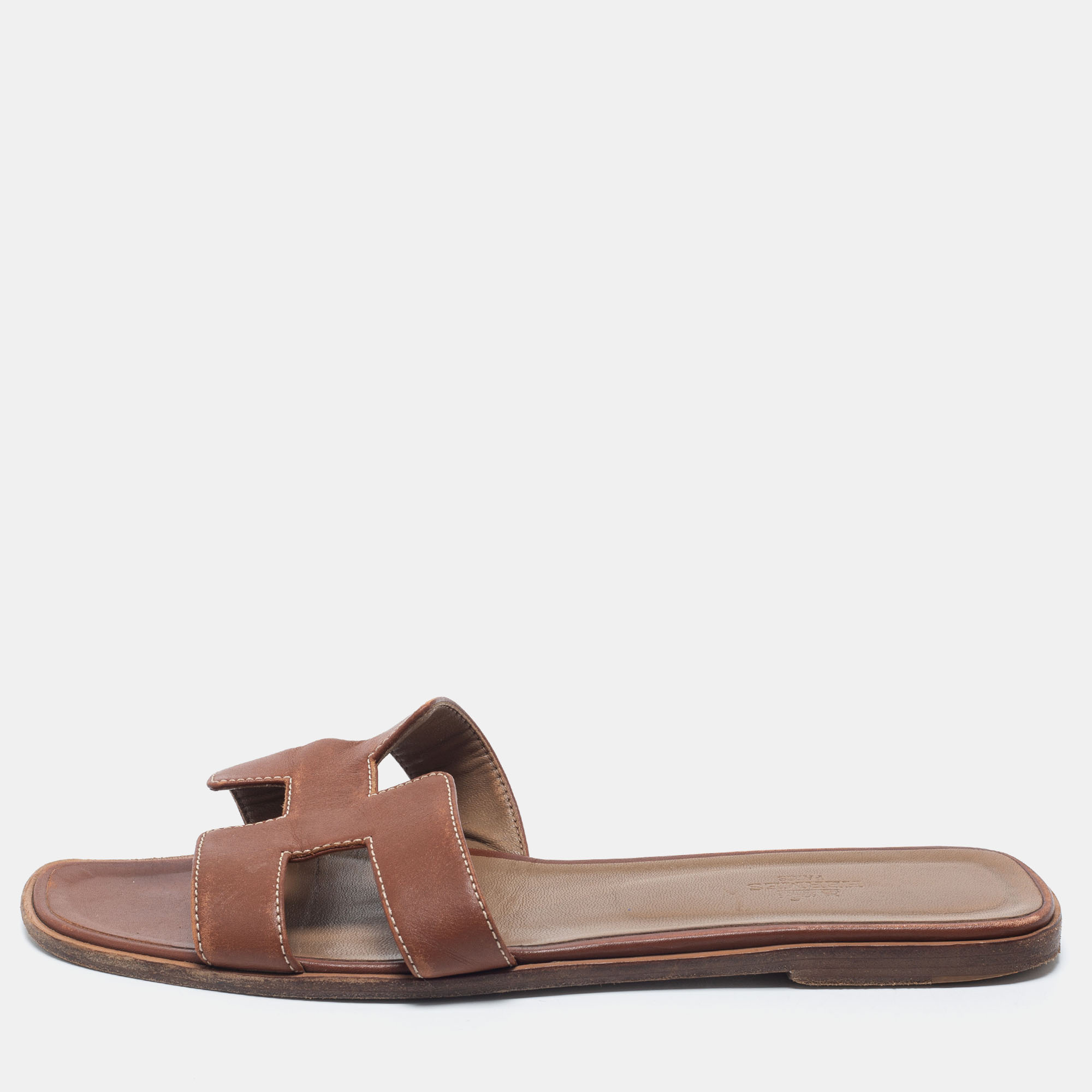 Pre Owned Hermes Brown Leather Oran Flat Slides Size 41.5
