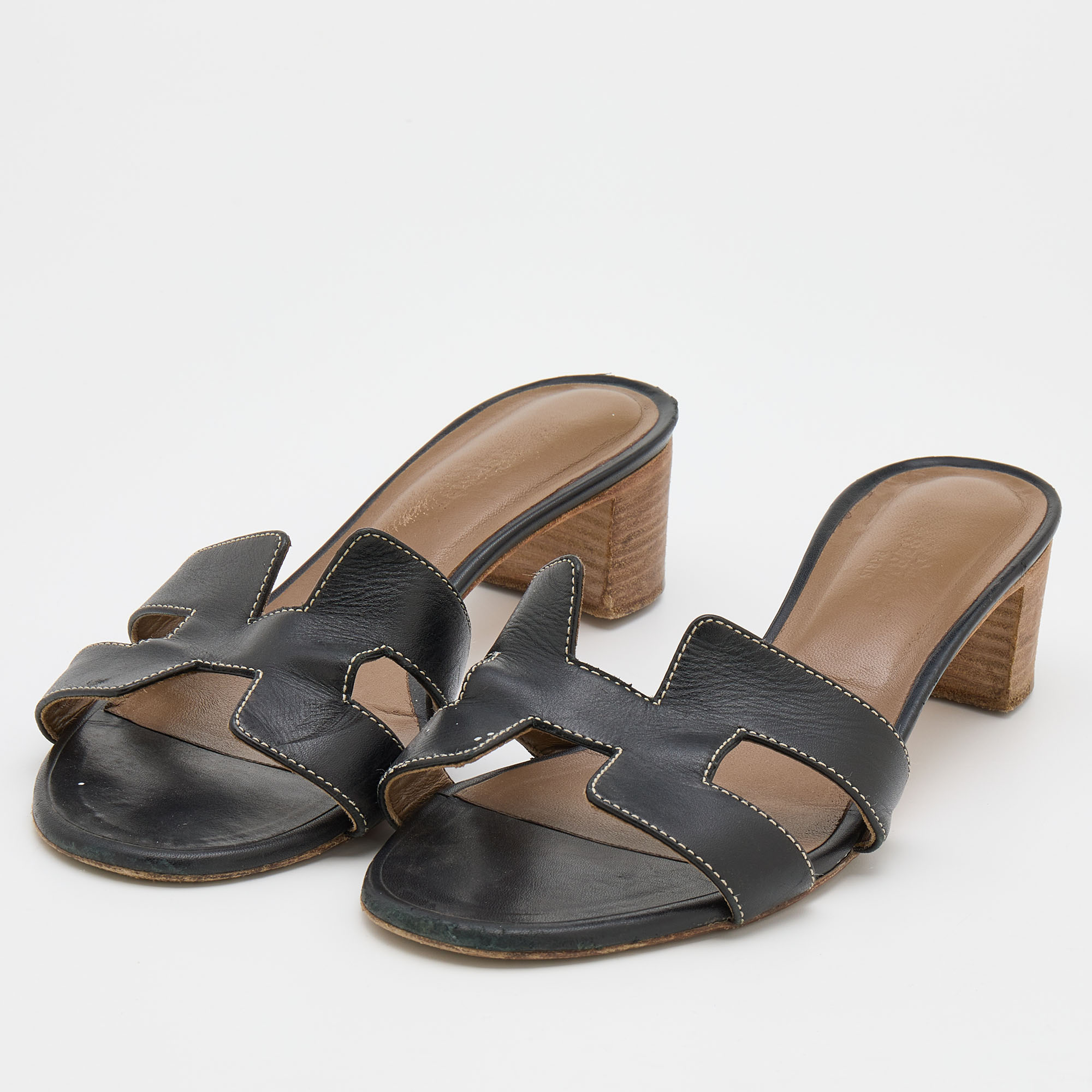 

Hermes Black Leather Oasis Slide Sandals Size