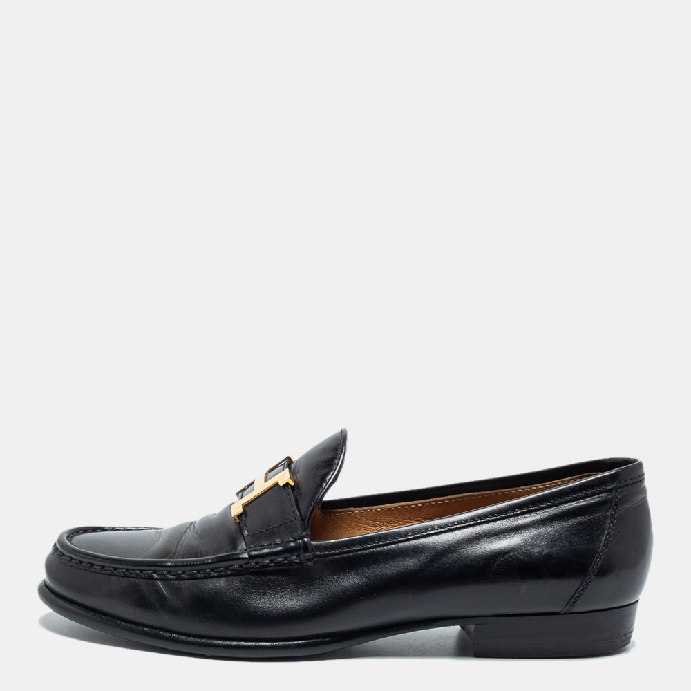 Pre Owned Hermes Black Leather H Logo Paris Loafers Size 37.5