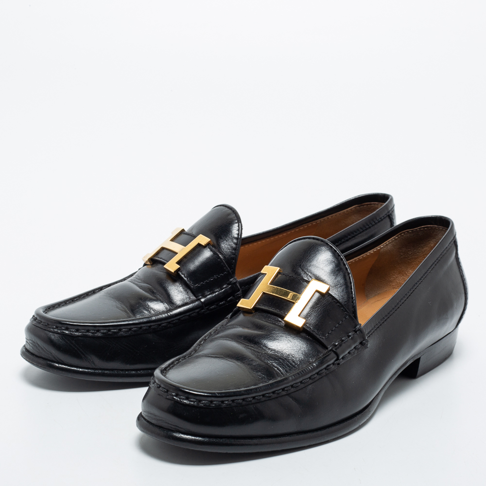 

Hermes Black Leather H Logo Paris Loafers Size