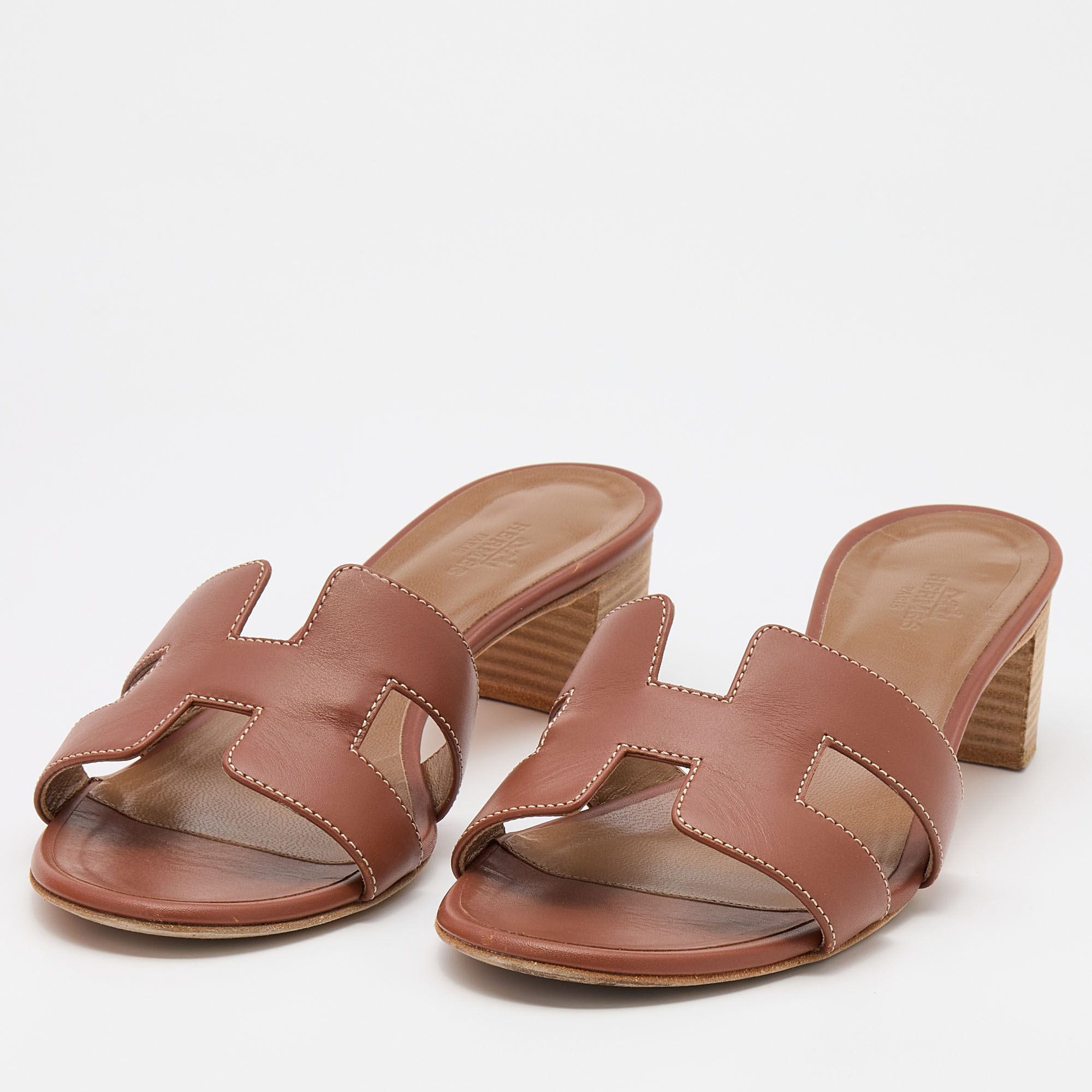 

Hermes Brown Leather Oasis Slide Sandals Size