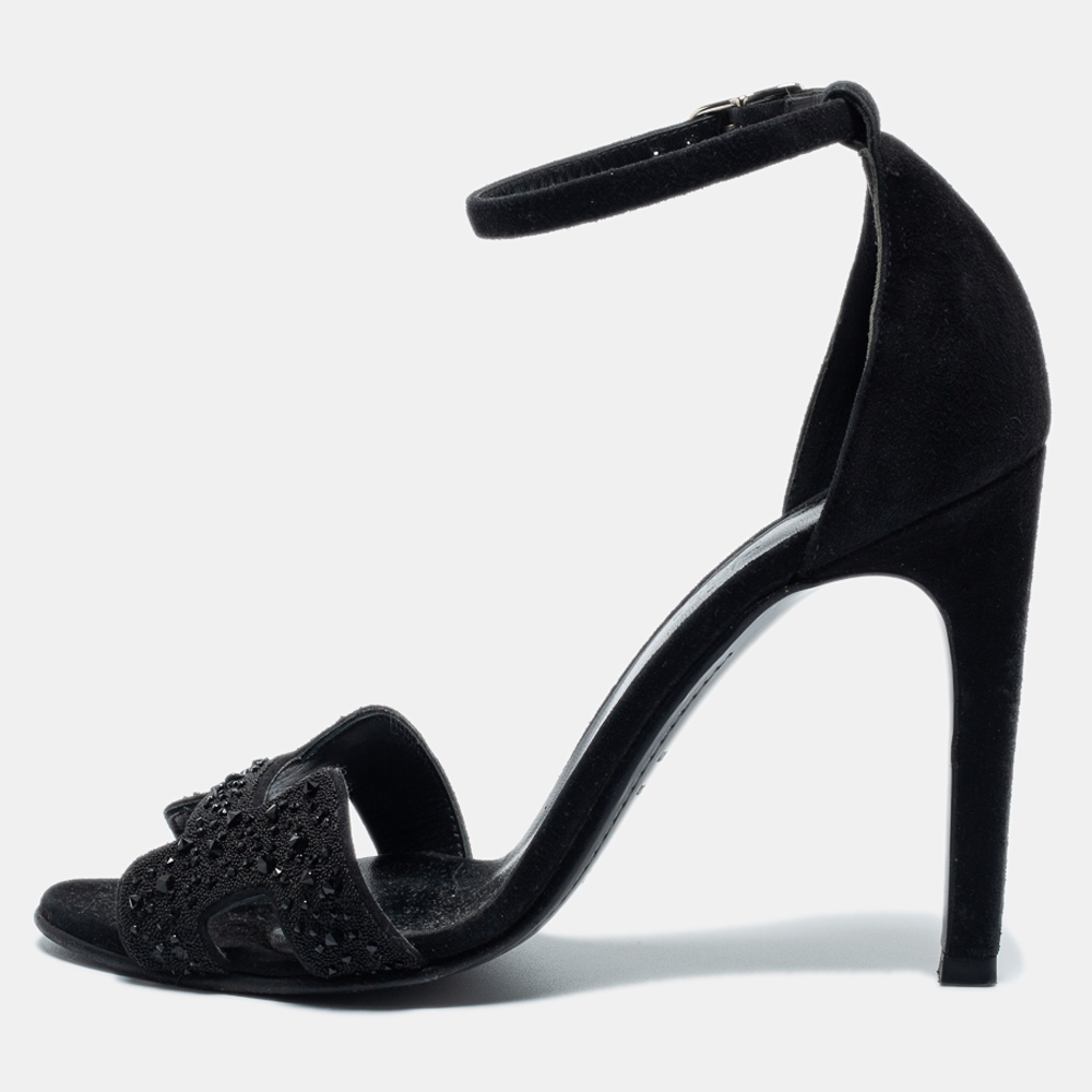 Hermes Black Suede and Crystals Embellished Premiere Sandals Size 36