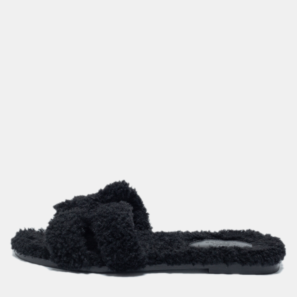Hermes Black Shearling Fur Oran Flat Slides Size 39