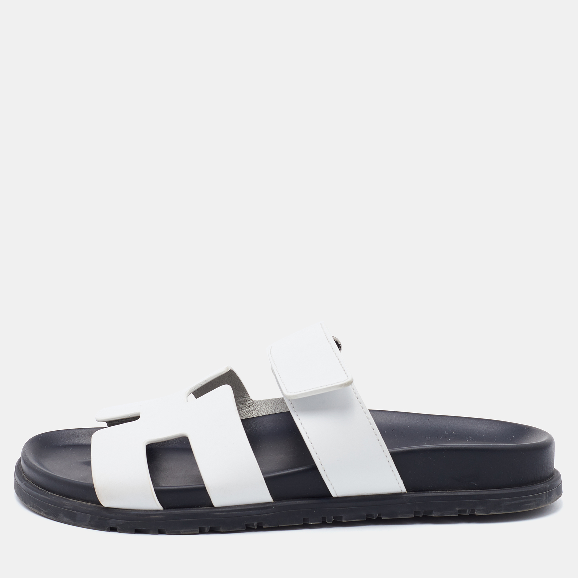 Hermes White Leather Chypre Flat Slides Size 37.5