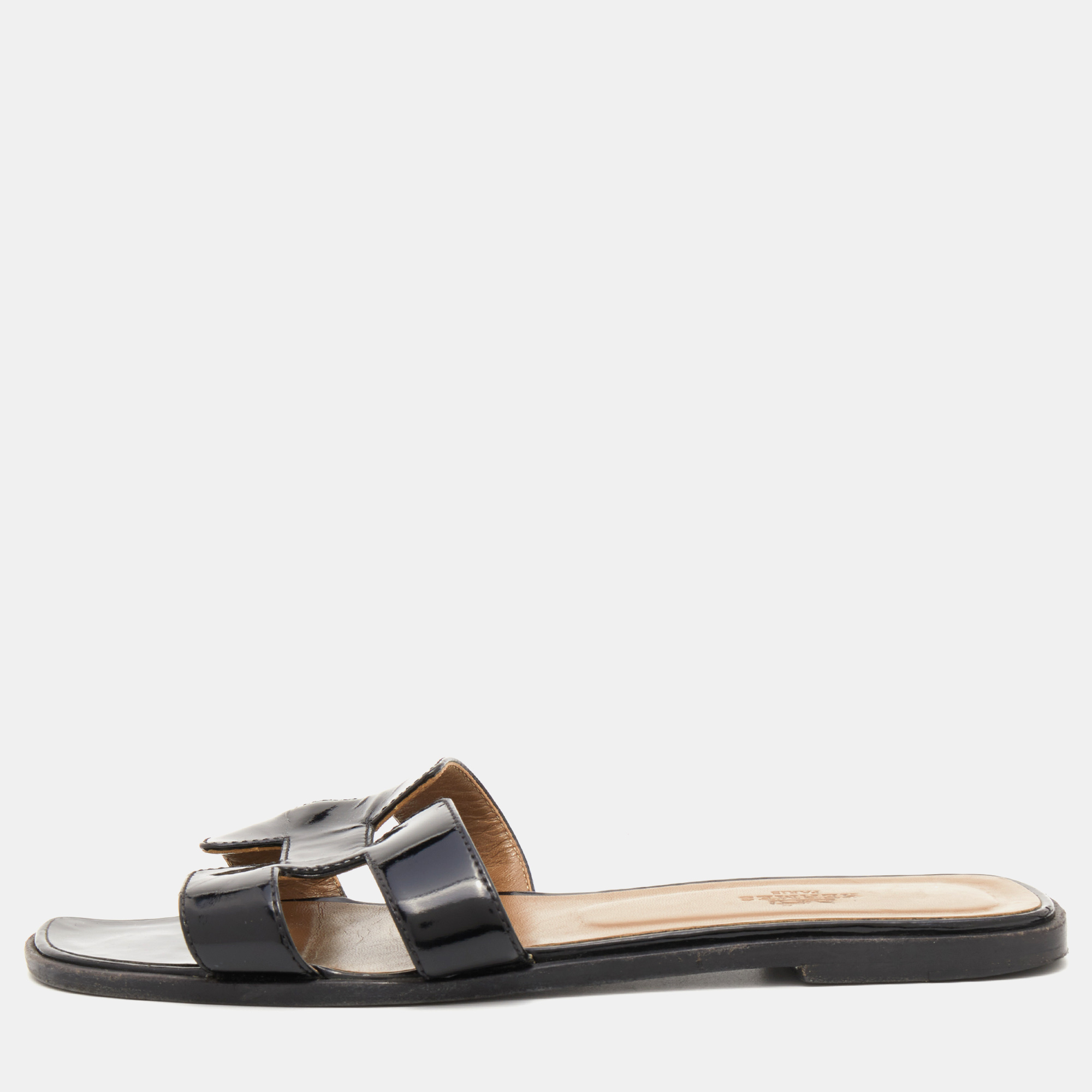 Hermès Black Patent Leather Oran Flat Slides Size 38.5