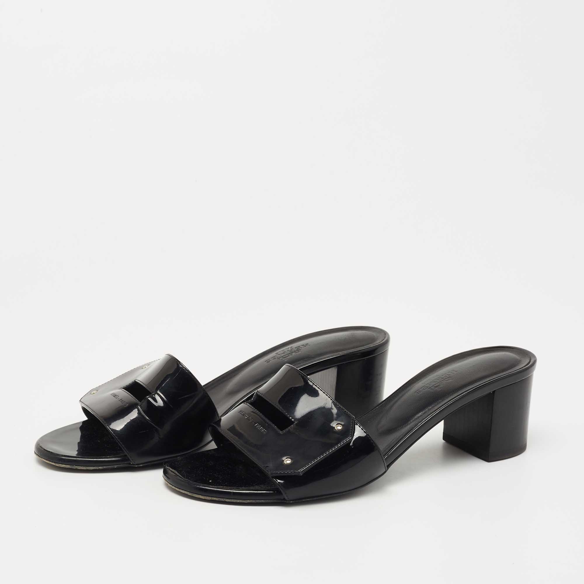 

Hermes Black Patent Leather View Slide Sandals Size