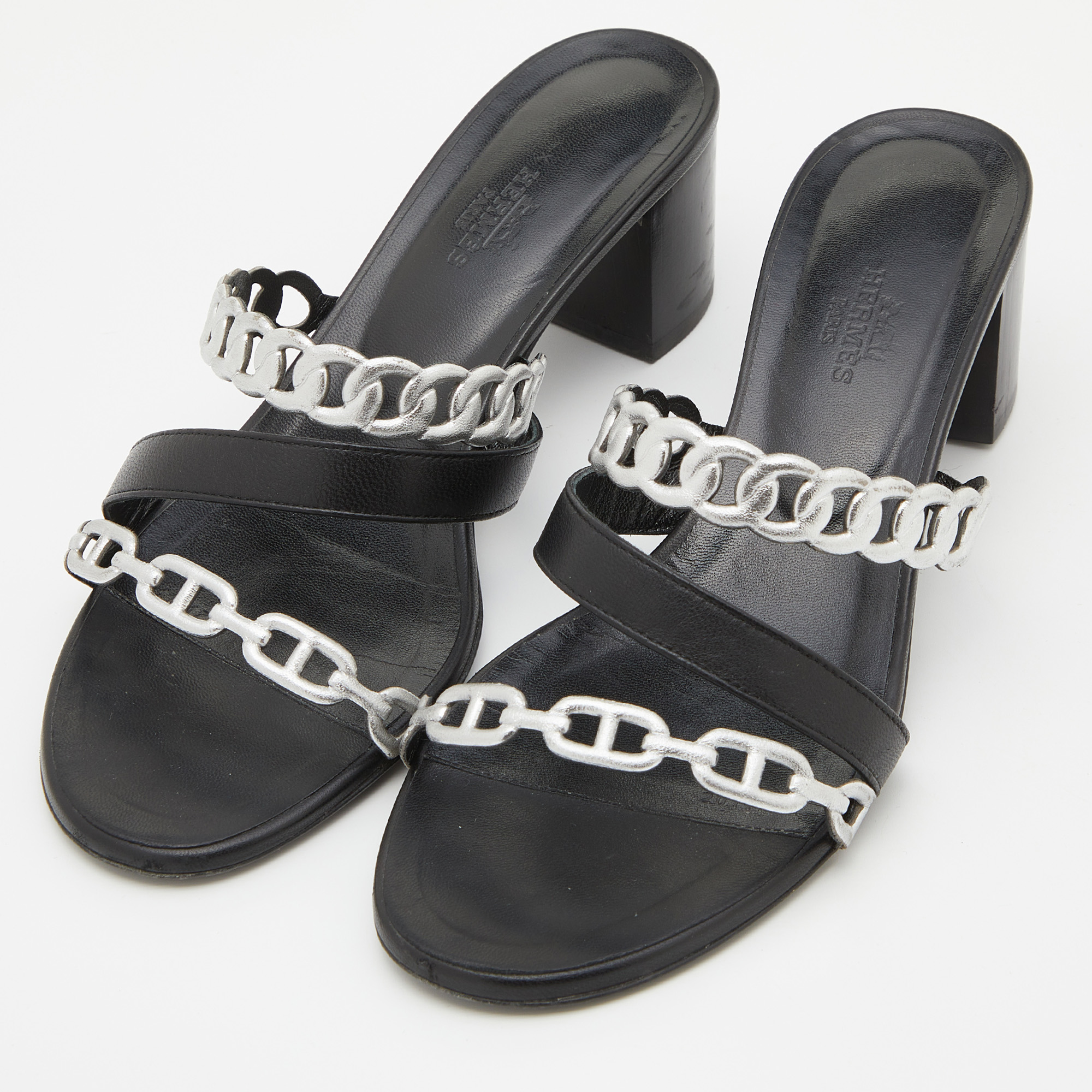 

Hermes Black/Silver Leather Ajaccio Block Heel Slide Sandals Size