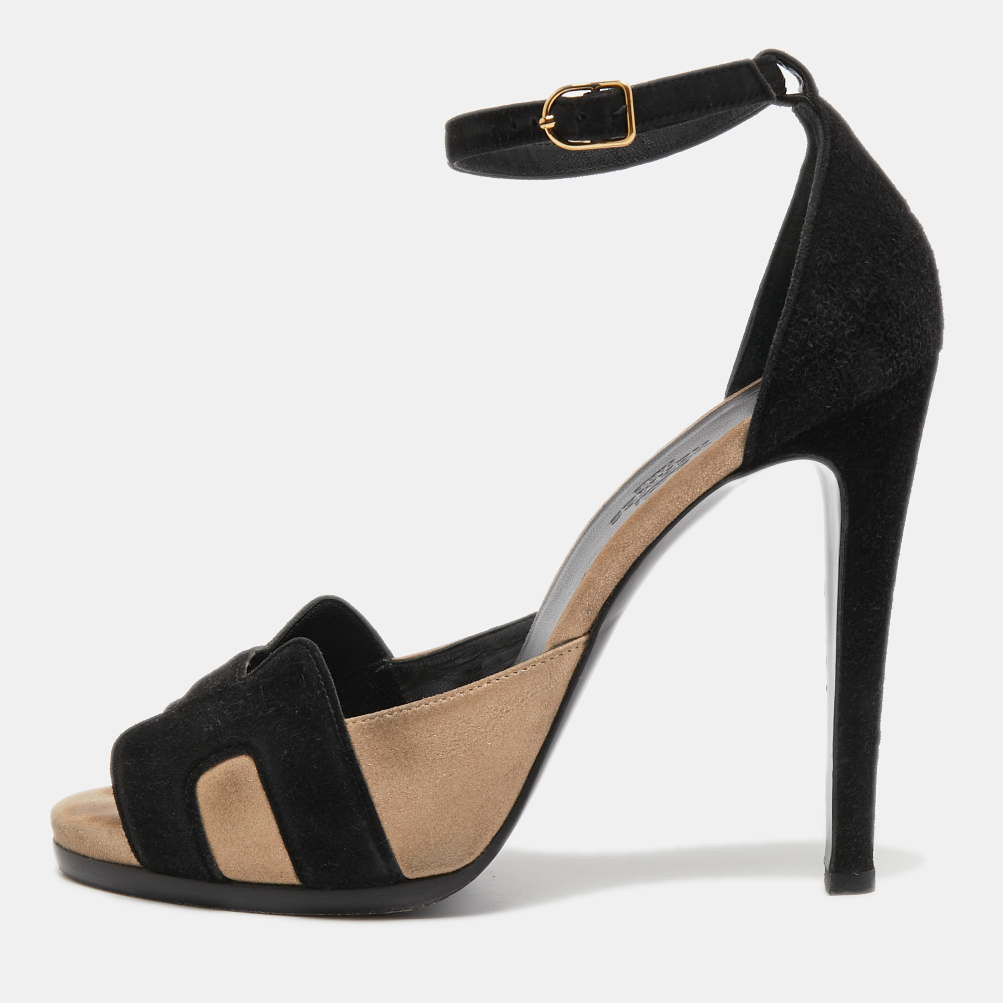 Pre-owned Hermes Black/beige Suede Platform Premiere Ankle Strap ...