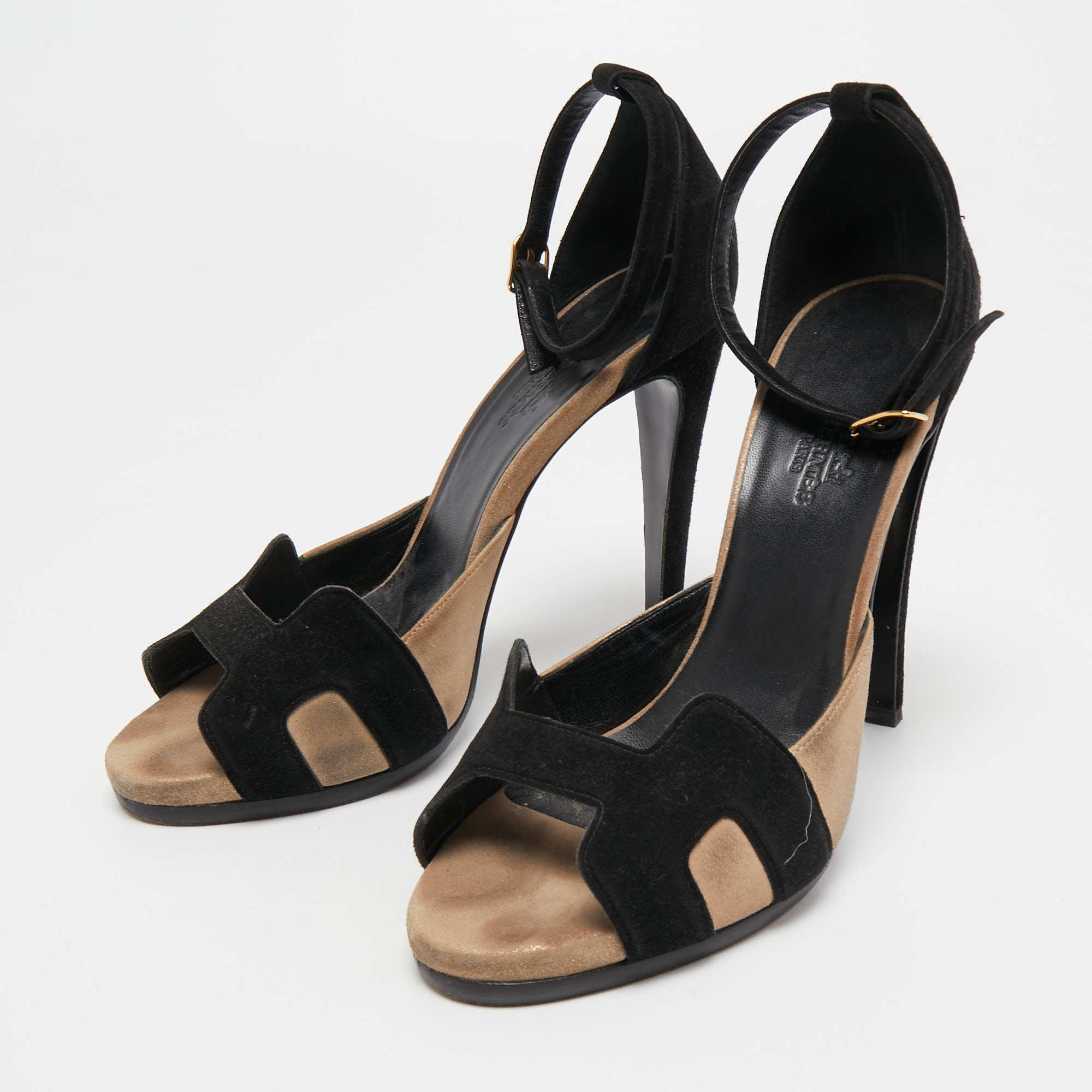 

Hermes Black/Beige Suede Platform Premiere Ankle Strap Sandals Size