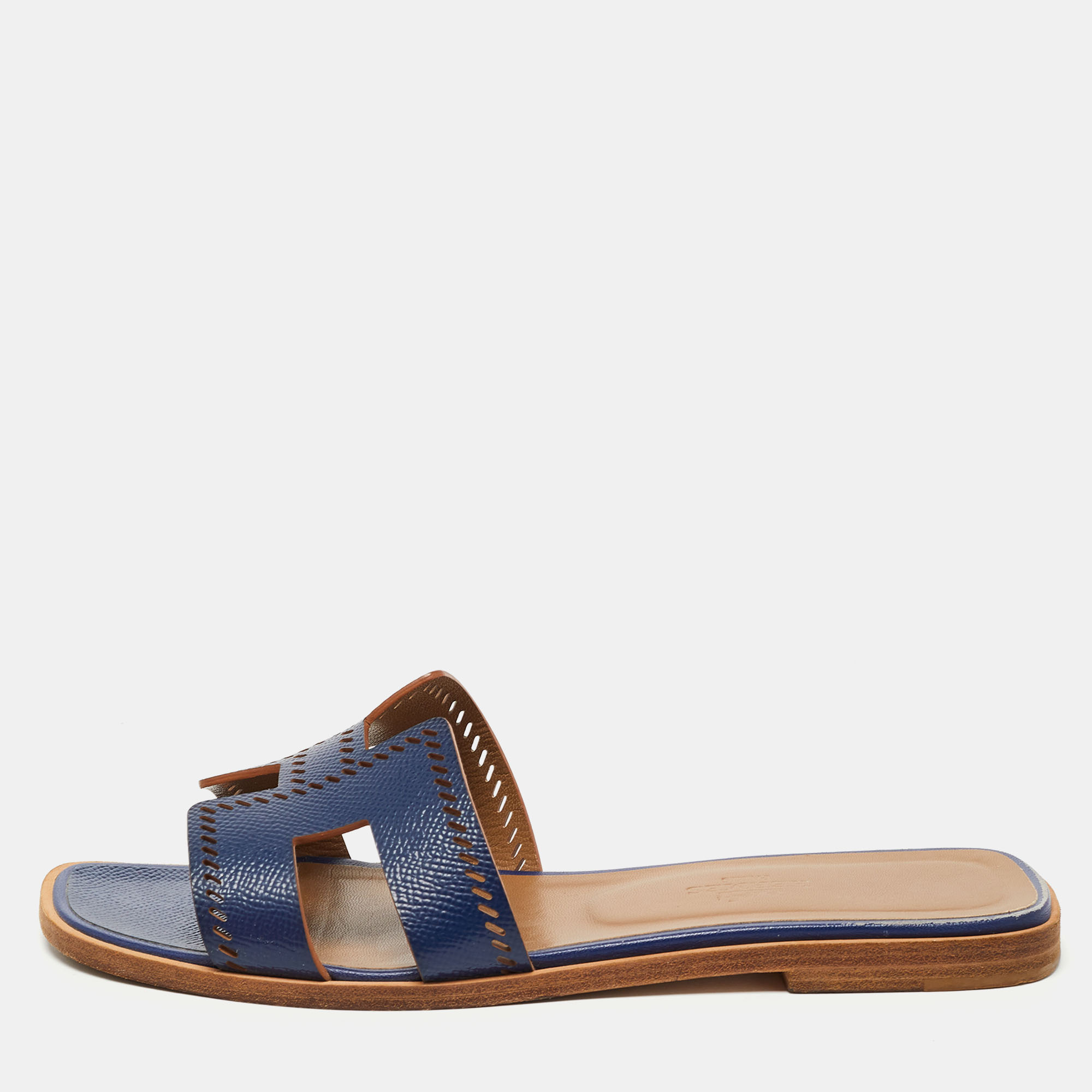 Pre Owned Hermes Navy Blue Leather Oran Flat Slides Size 37.5