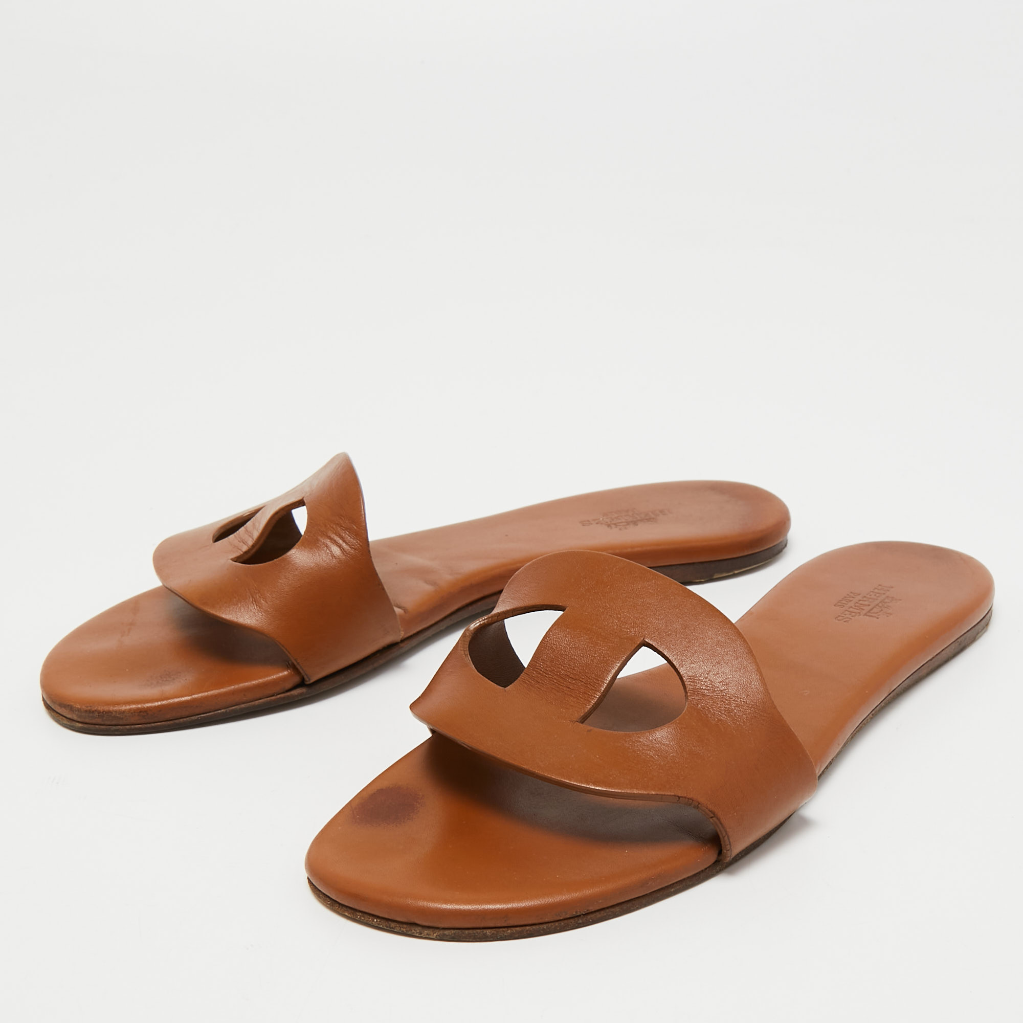 

Hermes Brown Leather Lisboa Slide Flats Size