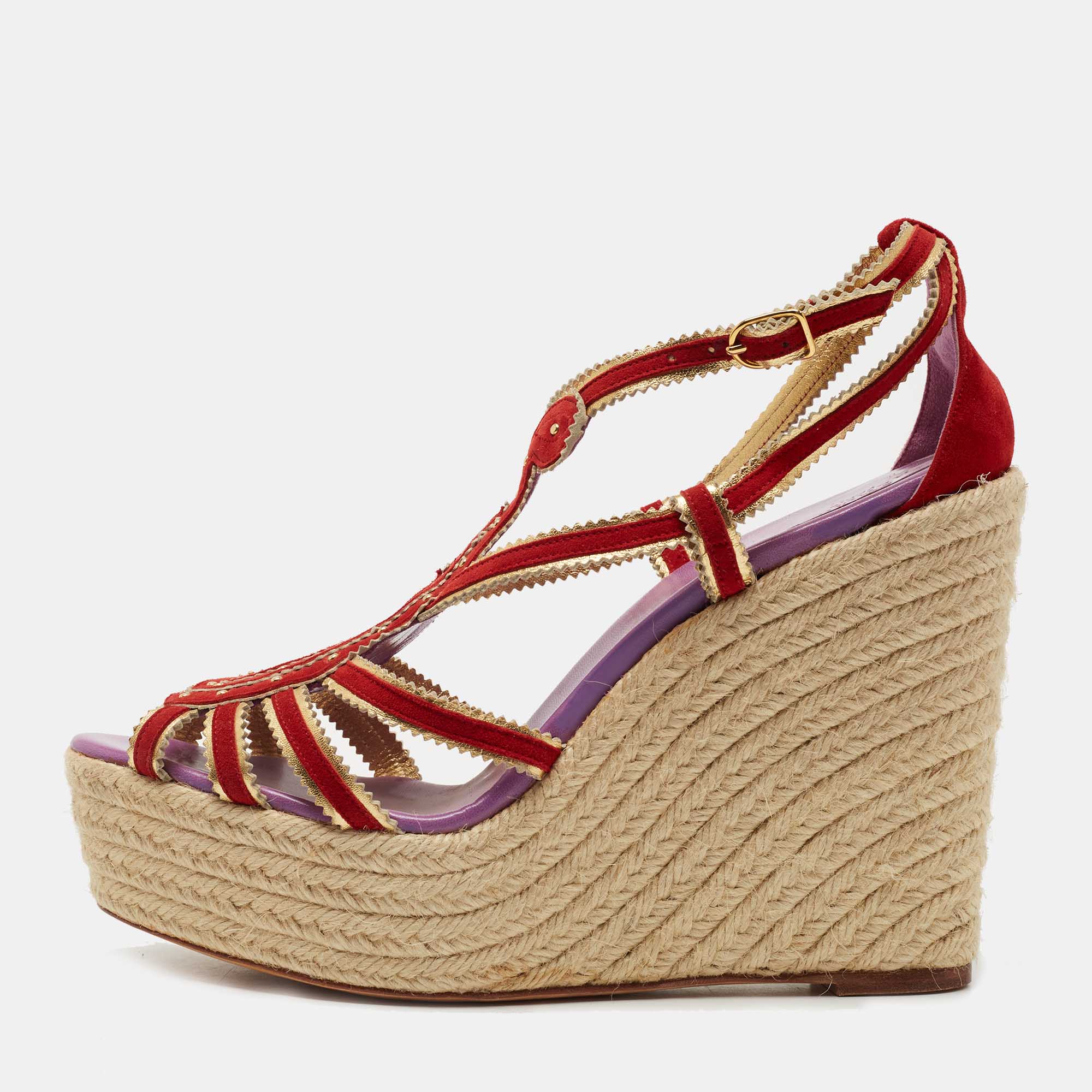 

Hermes Red/Gold Suede and Leather Espadrille Wedge Sandals Size