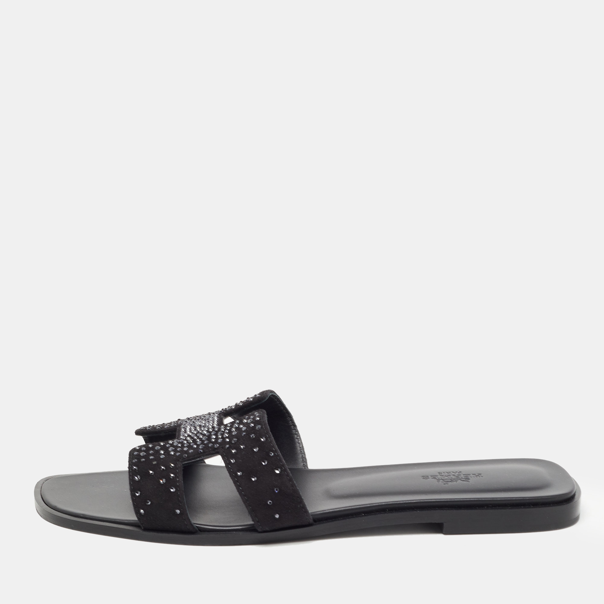 Pre Owned Hermes Black Crystal Embellished Suede Oran Flat Slides Size 40.5