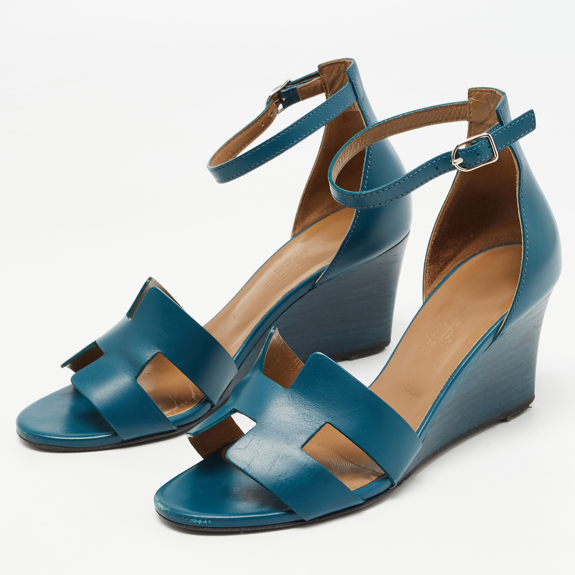 

Hermes Teal Leather Legend Ankle Strap Sandals Size, Green