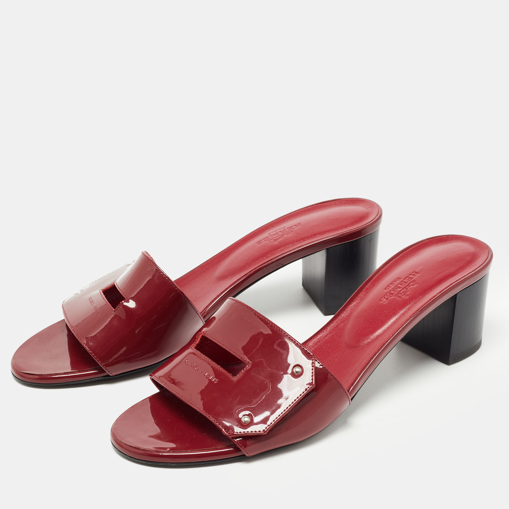 

Hermes Burgundy Patent Leather View Slide Sandals Size
