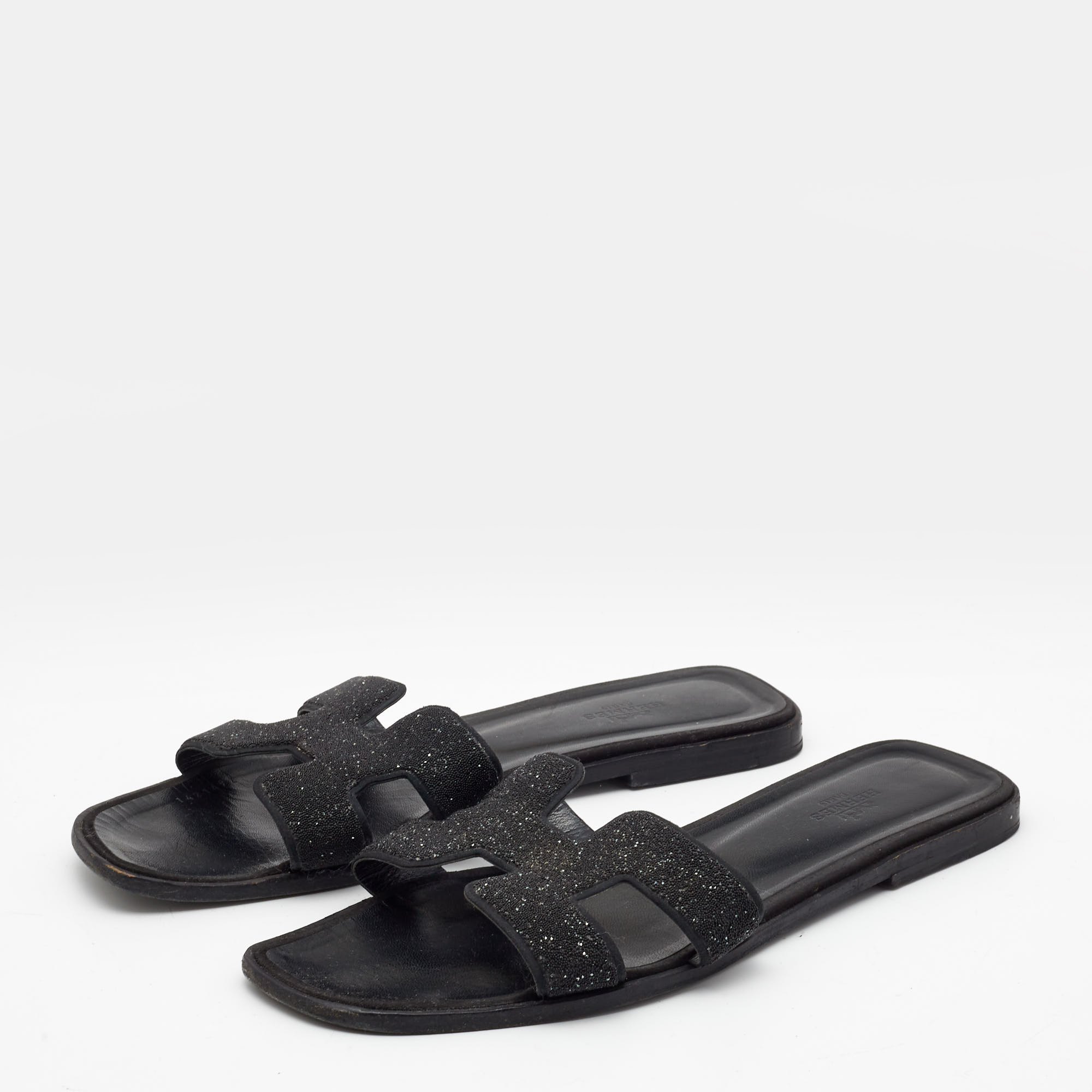 

Hermes Black Suede And Glitter Oran Flat Sandals Size