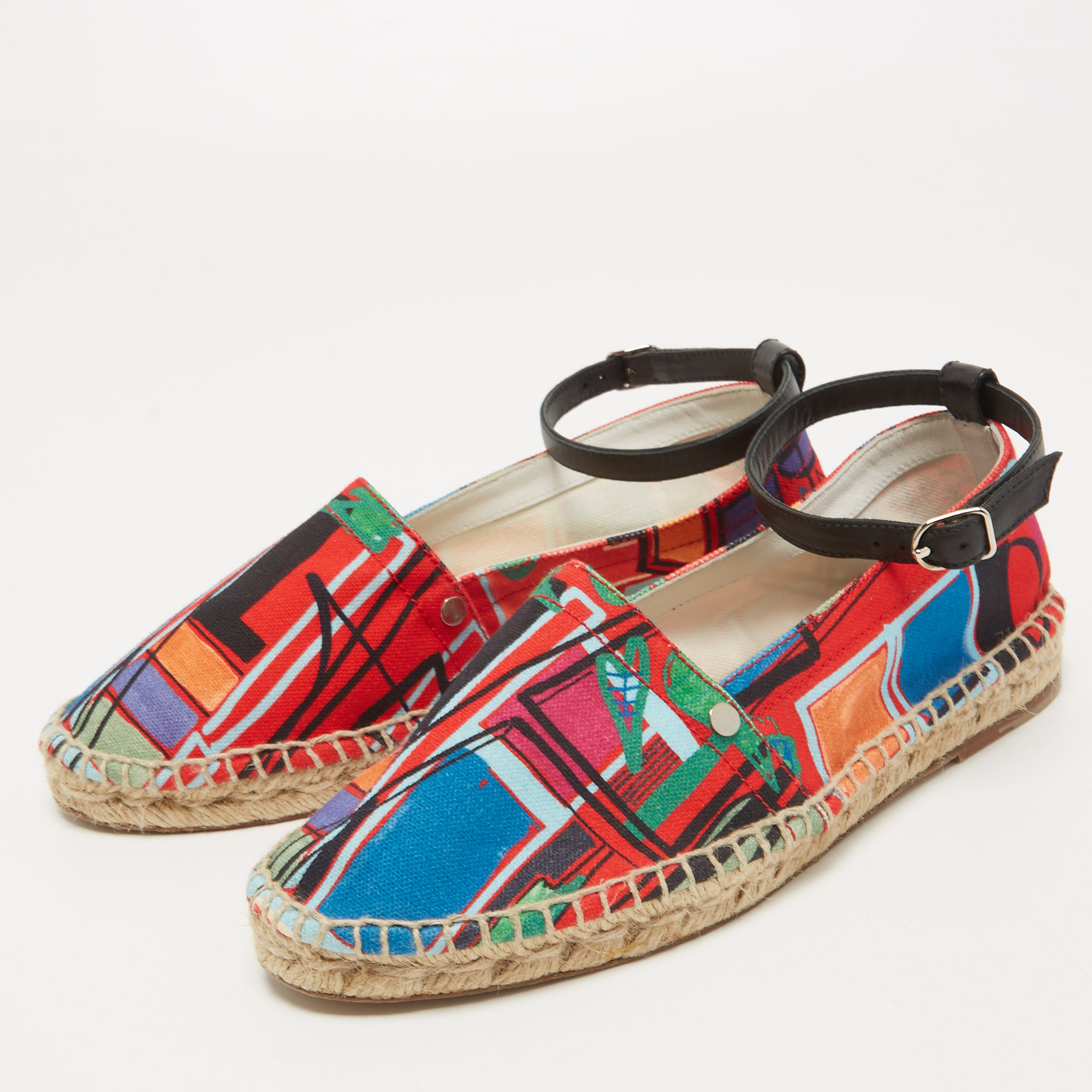 

Hermes Multicolor Printed Canvas Malaga Ankle Strap Espadrille Flats Size