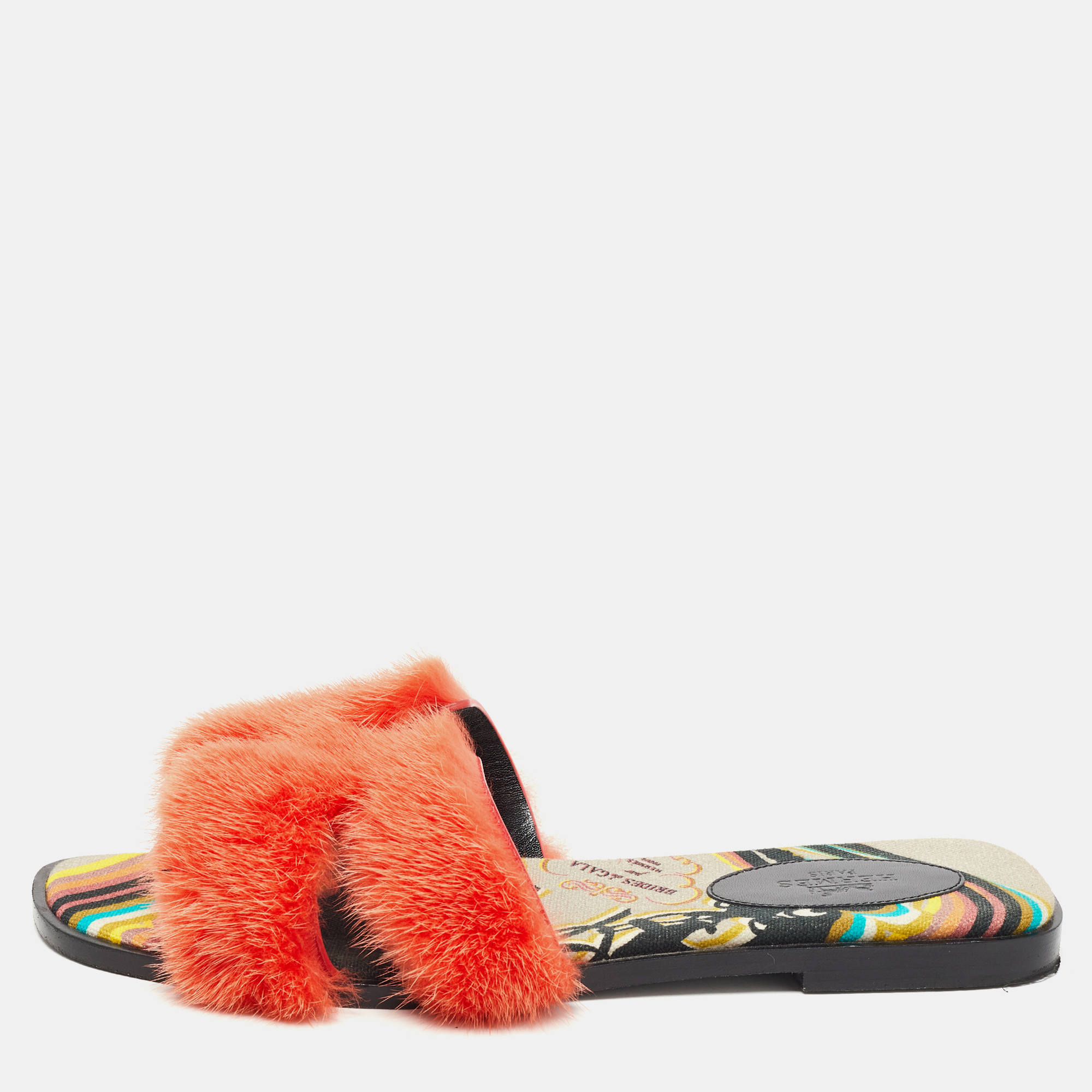 Pre Owned Hermes Orange Fur Oran Flat Slides Size 38.5 