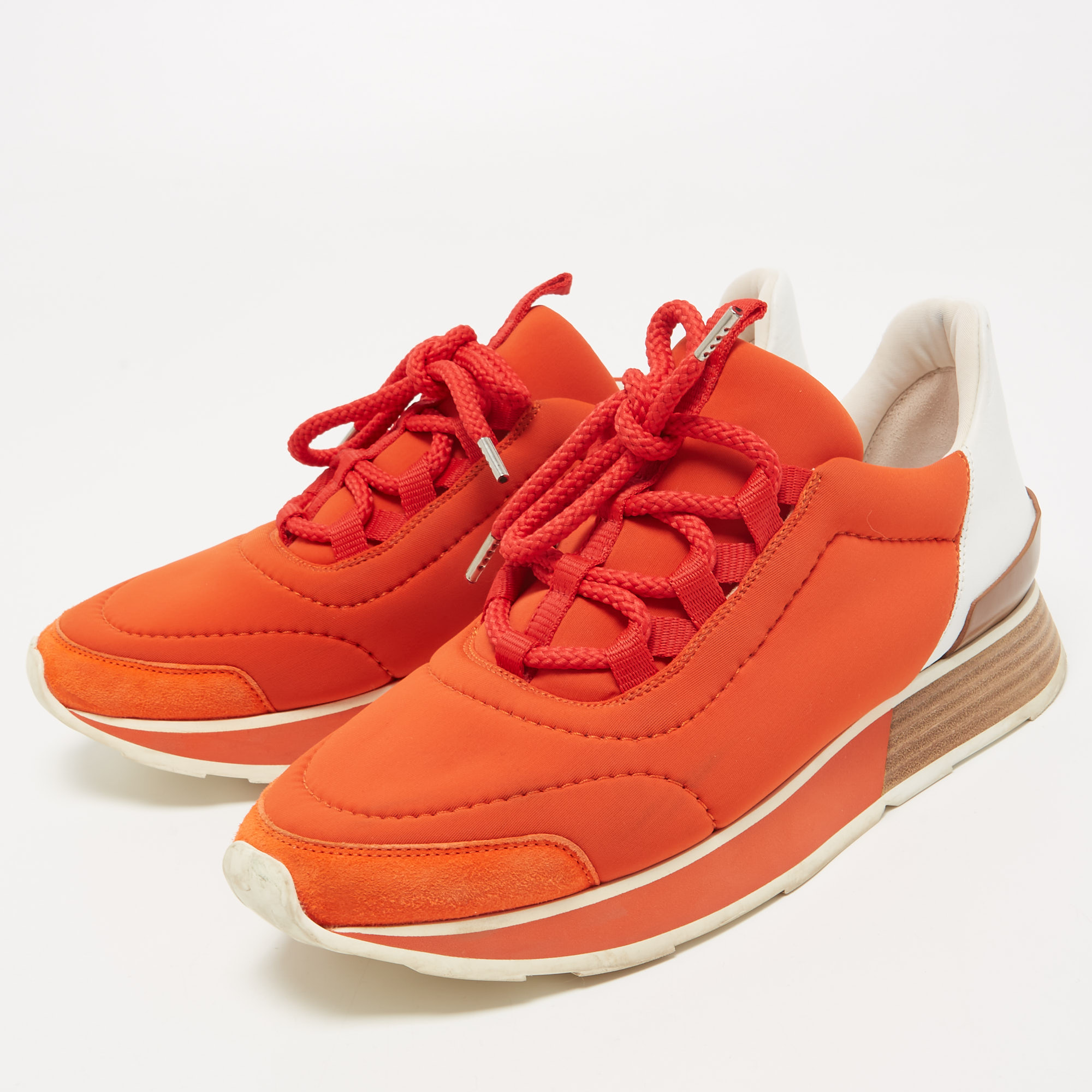 

Hermes Orange/White Nylon and Leather Buster Sneakers Size