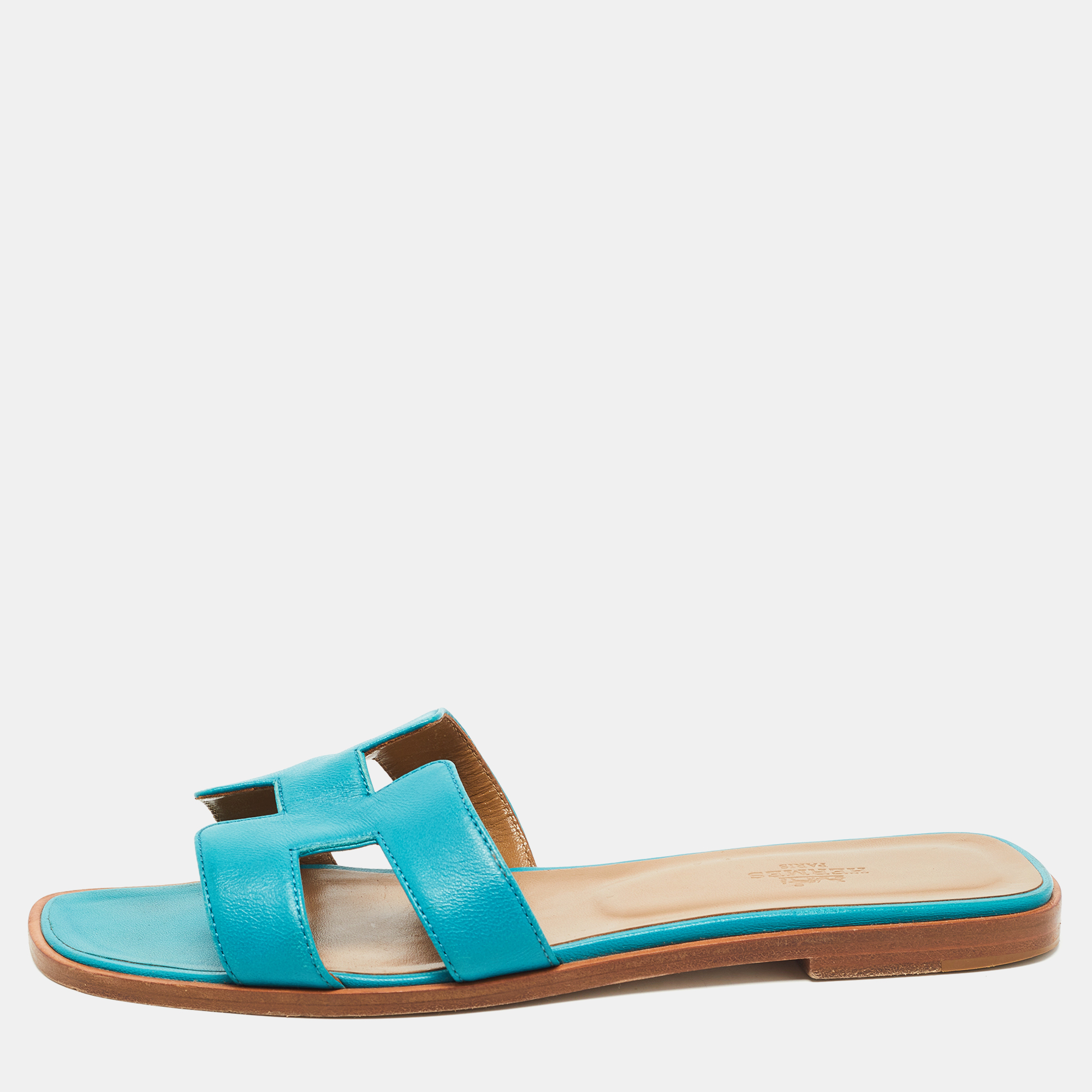 Hermes Blue Leather Oran Flat Slides Size 38.5